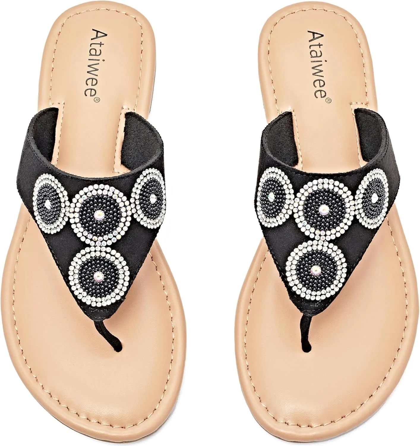 Ataiwee Women's Flat Slide Sandals - Casual Bling Bohemian Thong Slip on Summer Flat Sandals.