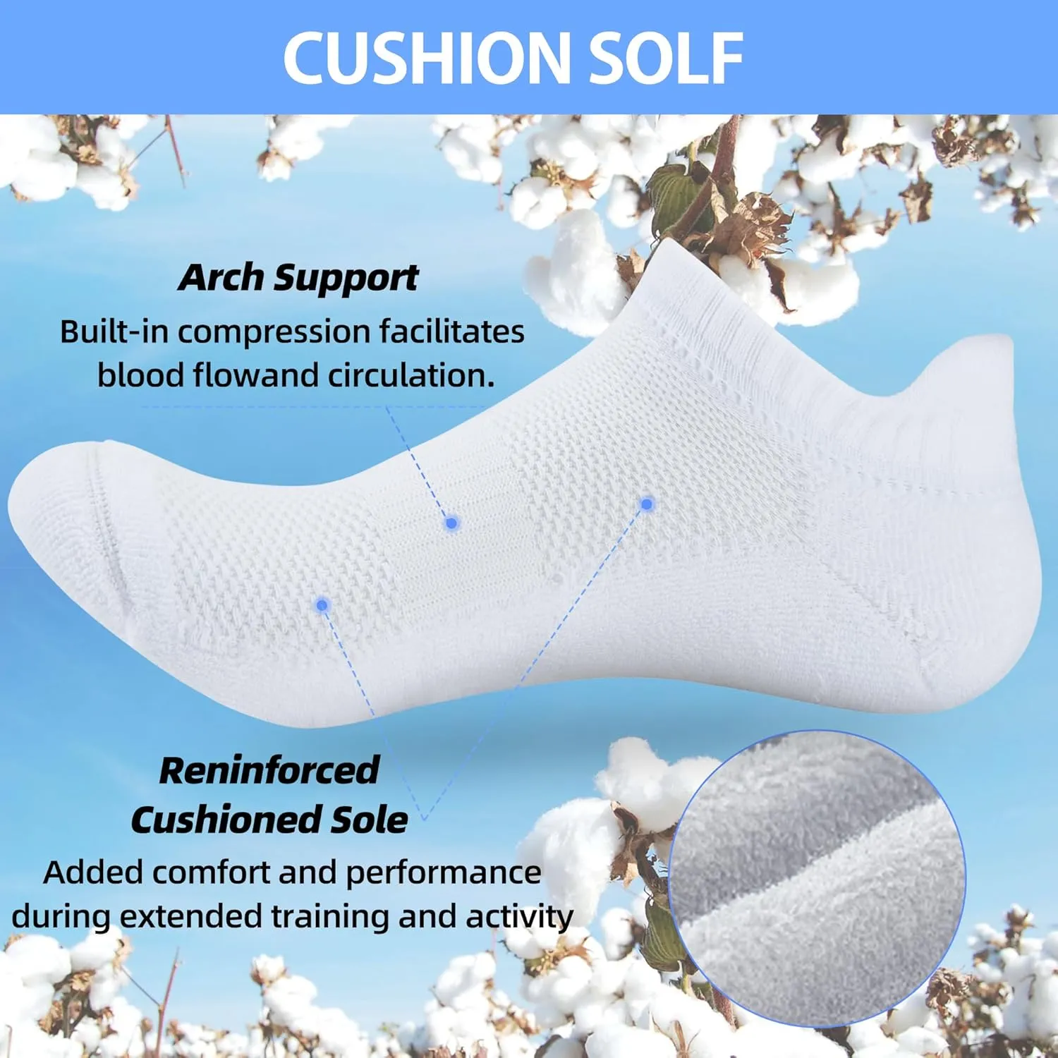 ATBITER Womens Ankle Socks 6 Pairs Cushioned Running Athletic No Show Socks With Tab