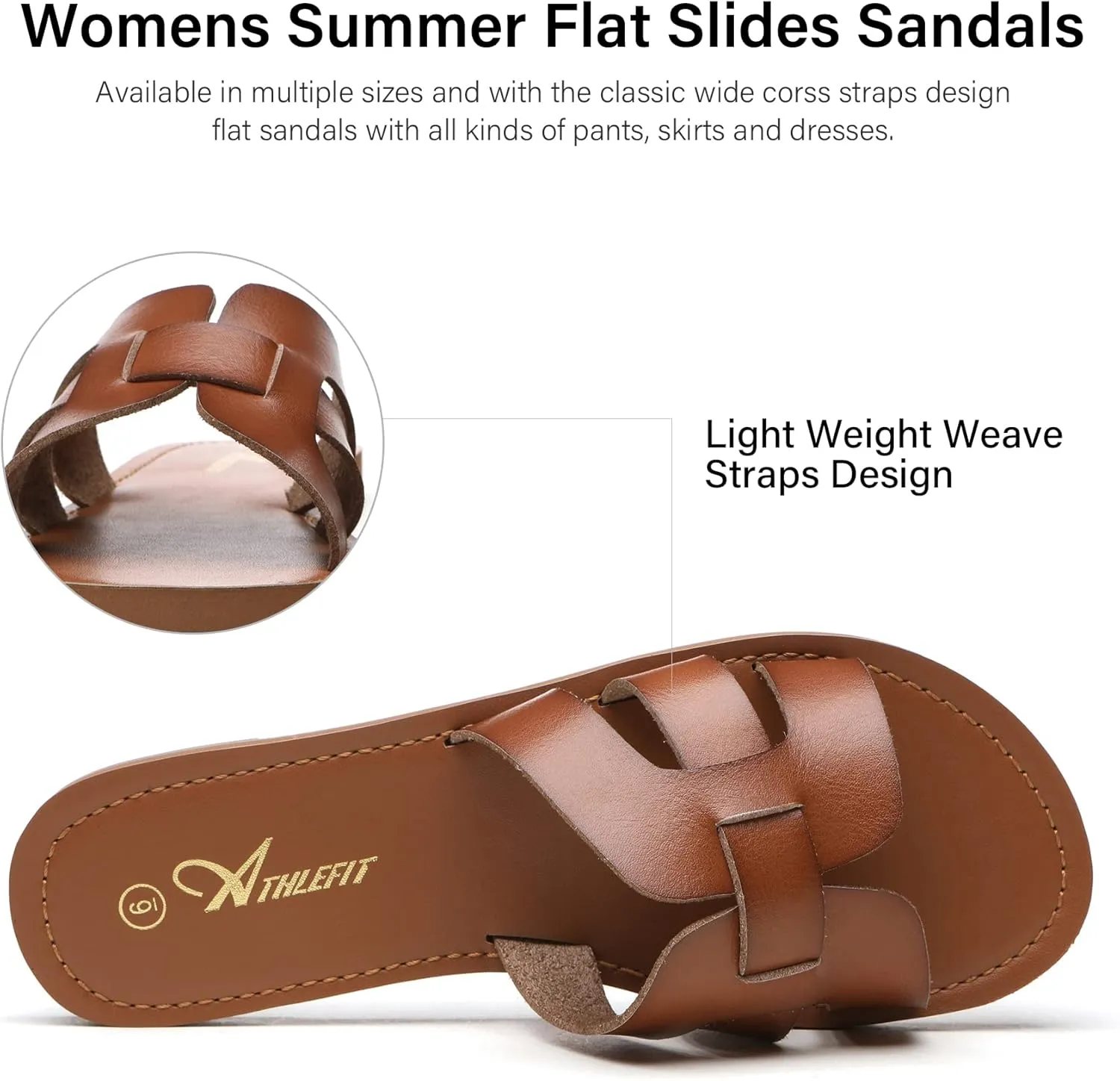 Athlefit Women's Flat Sandals Summer Casual Slip On Leather Slide Sandal