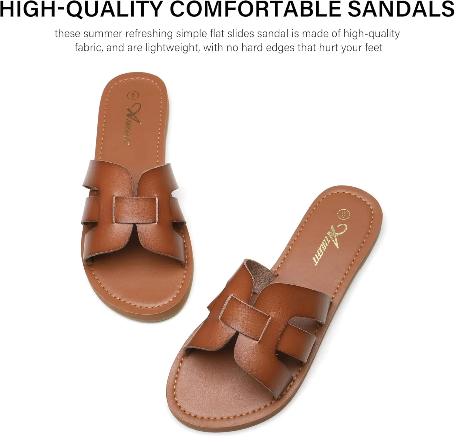 Athlefit Women's Flat Sandals Summer Casual Slip On Leather Slide Sandal