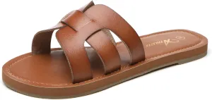 Athlefit Women's Flat Sandals Summer Casual Slip On Leather Slide Sandal