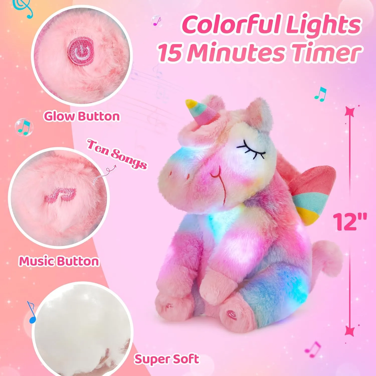 Athoinsu Rainbow Musical Light up Unicorn Stuffed Animal Soft Furry Plush Toy with LED Night Lights Children's Day Birthday Valentine's Day Gifts for Kids Toddler Girls,12''
