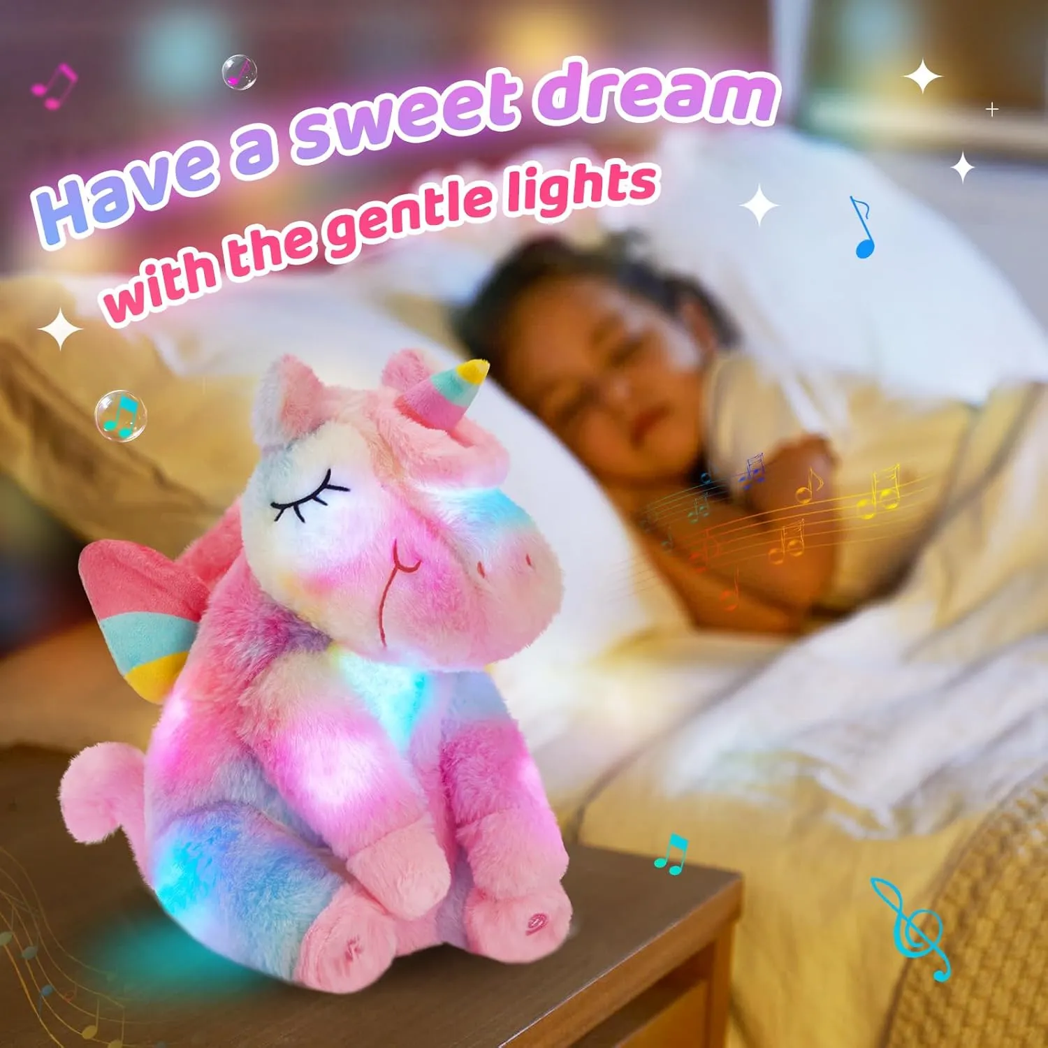 Athoinsu Rainbow Musical Light up Unicorn Stuffed Animal Soft Furry Plush Toy with LED Night Lights Children's Day Birthday Valentine's Day Gifts for Kids Toddler Girls,12''