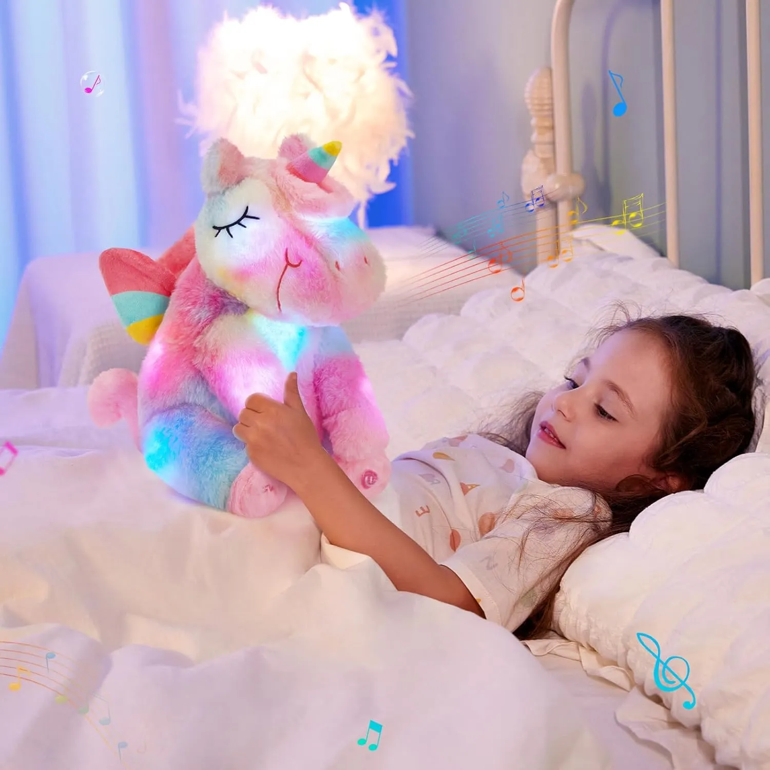 Athoinsu Rainbow Musical Light up Unicorn Stuffed Animal Soft Furry Plush Toy with LED Night Lights Children's Day Birthday Valentine's Day Gifts for Kids Toddler Girls,12''