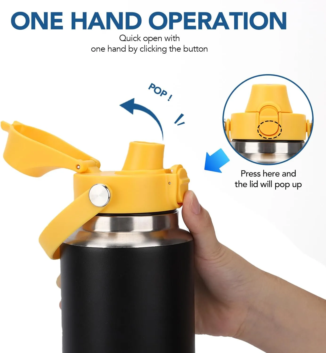 Auto Spout Lid for Yeti Rambler 12/18/26/36/46/64 Oz Chug Cap Replacement with Soft Handle for RTIC | Leakproof | BPA Free | Dishwasher Safe (Aotu Spout Lid, Black&Alpine Yellow)
