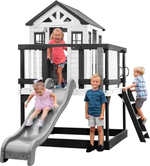 Backyard Discovery Sweetwater Heights White Elevated Cedar Wooden Kids Playhouse with Wave Slide, Play Kitchen, Step Ladder, Half Door, Wrap-Around Deck, Windows, Bell, Growth Chart for Outdoor Play