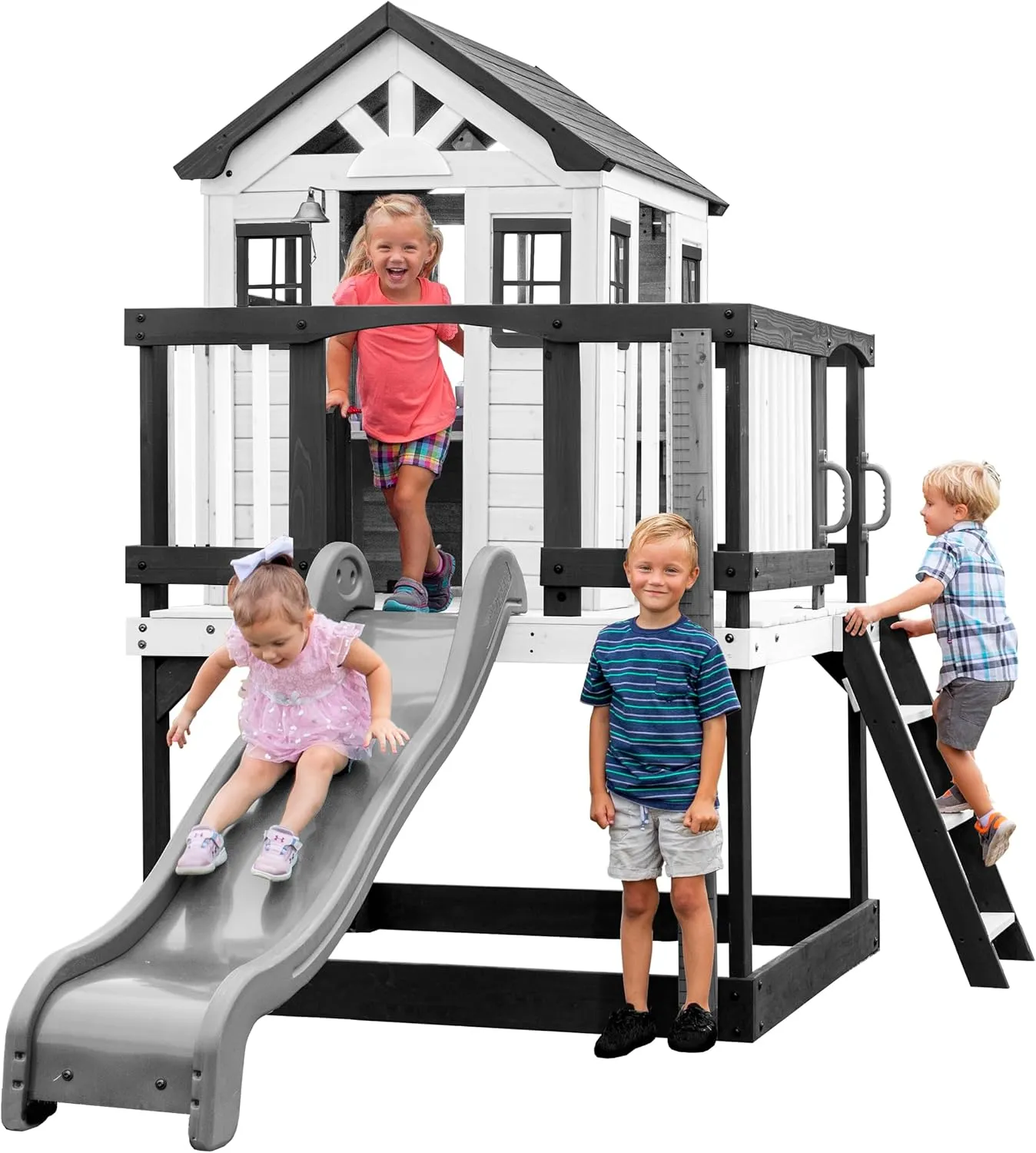Backyard Discovery Sweetwater Heights White Elevated Cedar Wooden Kids Playhouse with Wave Slide, Play Kitchen, Step Ladder, Half Door, Wrap-Around Deck, Windows, Bell, Growth Chart for Outdoor Play