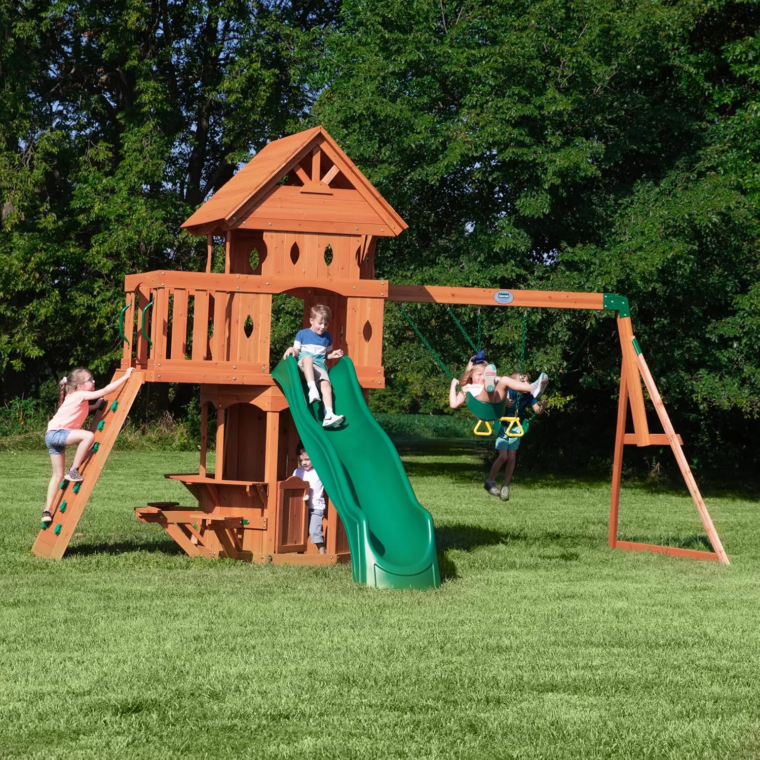 Backyard Discovery Woodland Cedar Wood Swing Set with Wave Slide, Clubhouse, Rock Wall, Snack Bar Station, Benches, Belt Swings, Trapeze, Half Door, Balcony, Step Ladder, Outdoor Playset