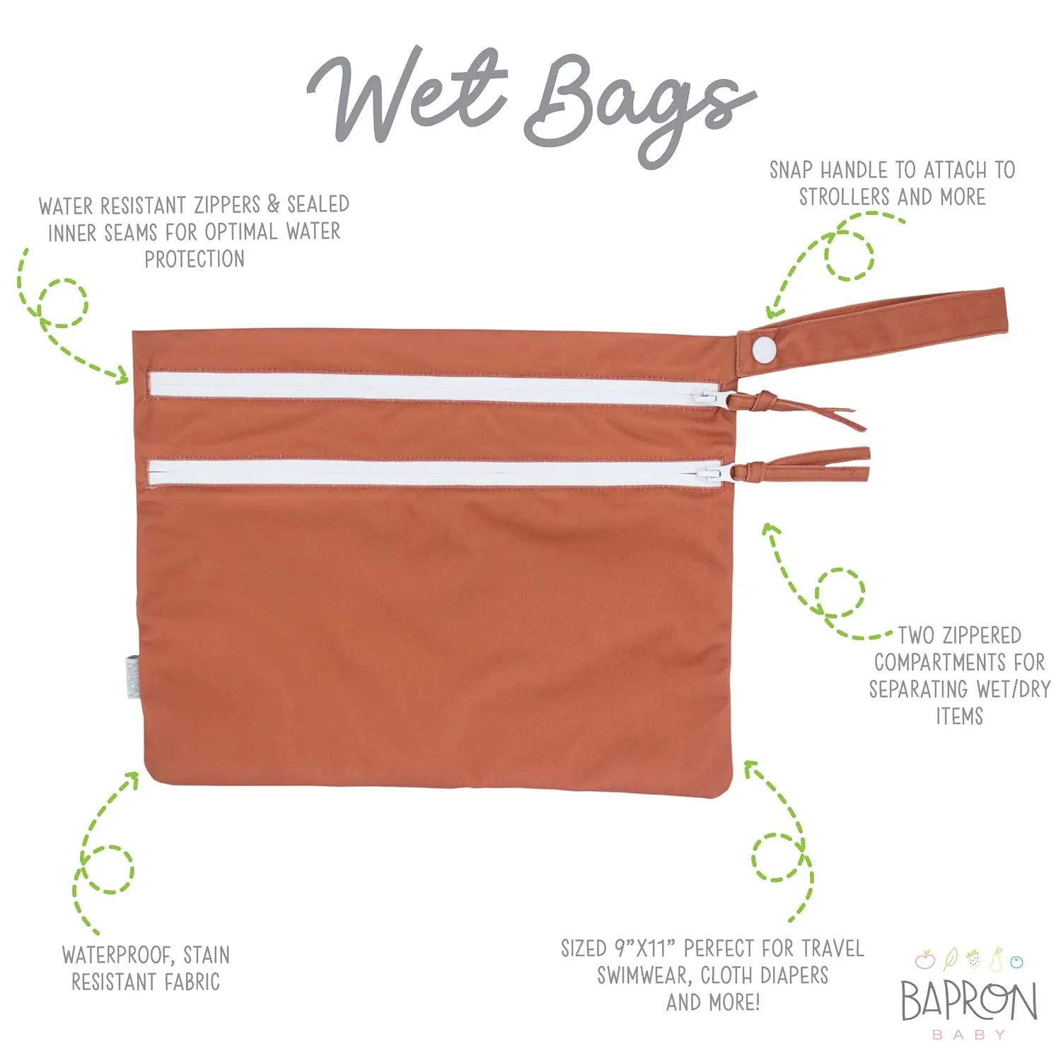 BapronBaby Minimalist Copper Wet Dry Bag - Waterproof Two Zipper Pockets - Reusable for Mealtime, Diapers, Stroller, Snacks, Swimsuits - Machine Washable - 11" x 9"