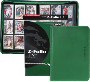 BCW Z-Folio 9-Pocket LX Album - Green | Secure Zipper Card Organizer | Premium Leatherette Card Collection Binder | Trading Card Binder for Pokemon, MTG, Sport Cards and More