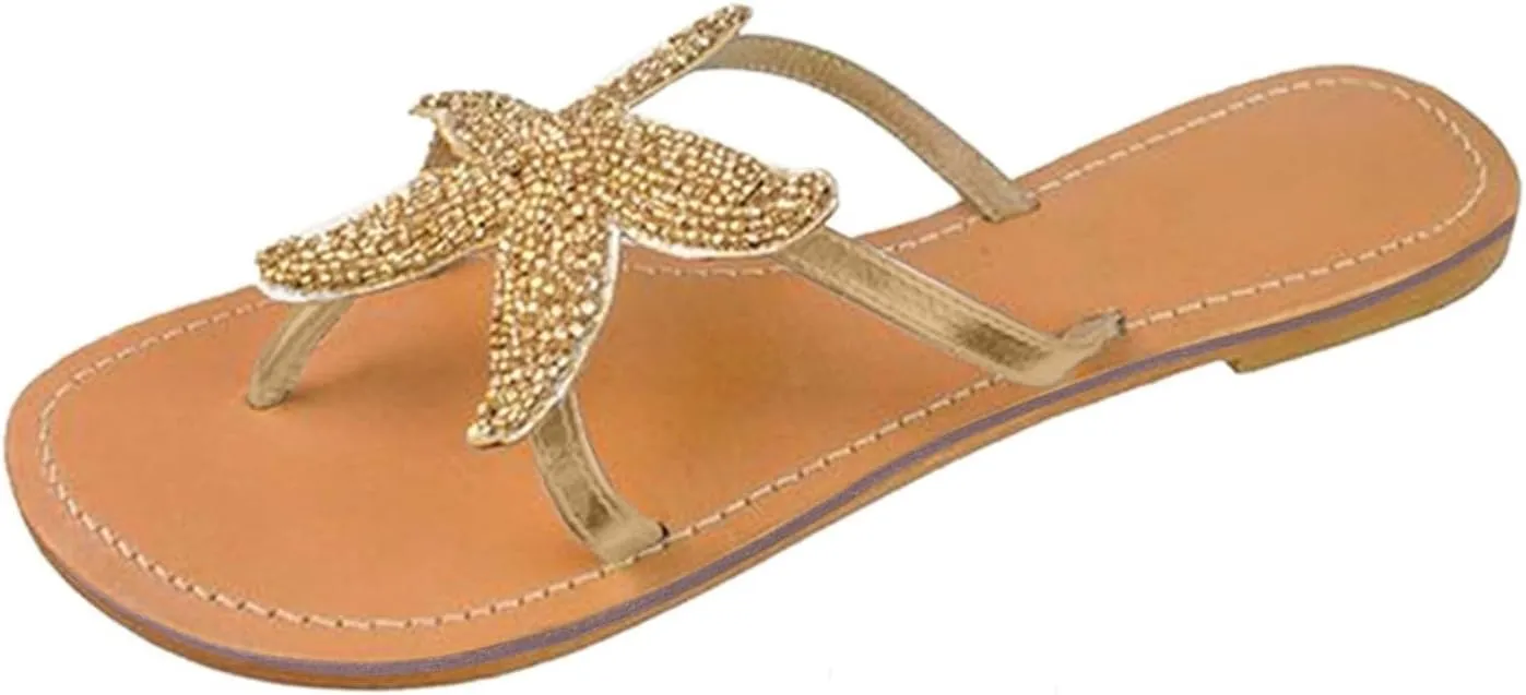 Beach Sandals for Woman, Women's Cute Starfish Flat Sandals Open Toe Slide Fashion Slip-on Slides Dressy Comfortable Bohemian Flats Summer Thong Flip Flops