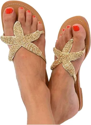 Beach Sandals for Woman, Women's Cute Starfish Flat Sandals Open Toe Slide Fashion Slip-on Slides Dressy Comfortable Bohemian Flats Summer Thong Flip Flops