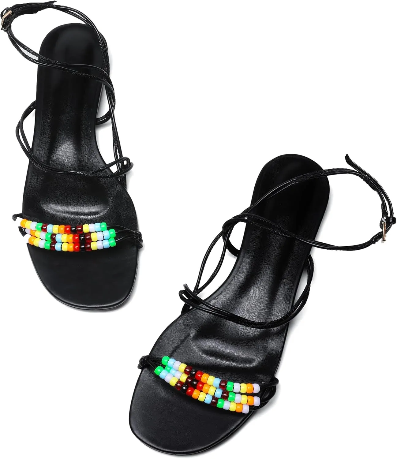 Beaded Flat Sandals for Women Ankle Strap Open Toe Slide Sandals Lace up Casual Summer Dressy Beach Sandals