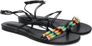 Beaded Flat Sandals for Women Ankle Strap Open Toe Slide Sandals Lace up Casual Summer Dressy Beach Sandals