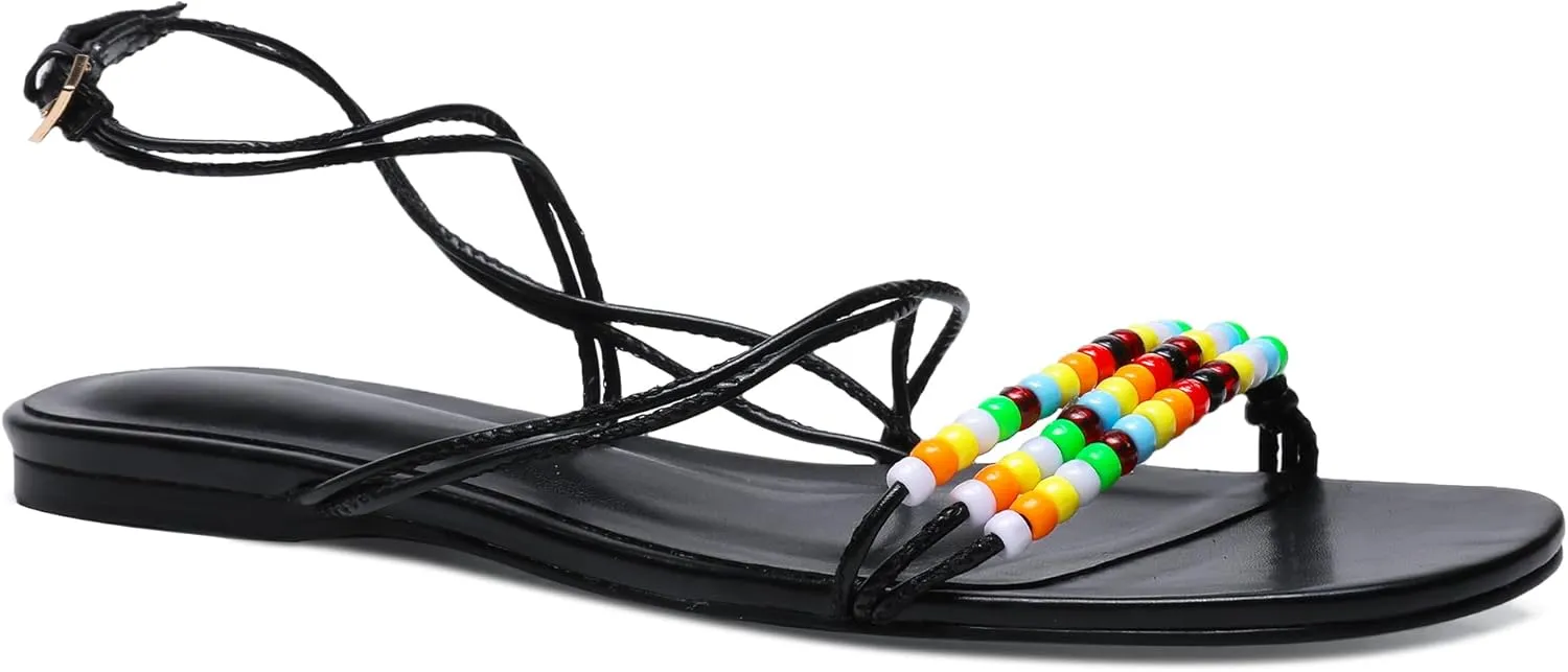 Beaded Flat Sandals for Women Ankle Strap Open Toe Slide Sandals Lace up Casual Summer Dressy Beach Sandals