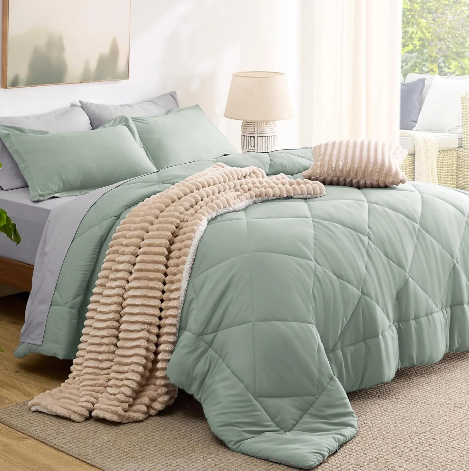 Bedsure King Size Comforter Set - 7 Pieces Reversible Sage Green Bedding, King Size Bed Set for All Seasons, Bed in a Bag with Down Alternative Comforter, Sheets, Pillowcases & Shams