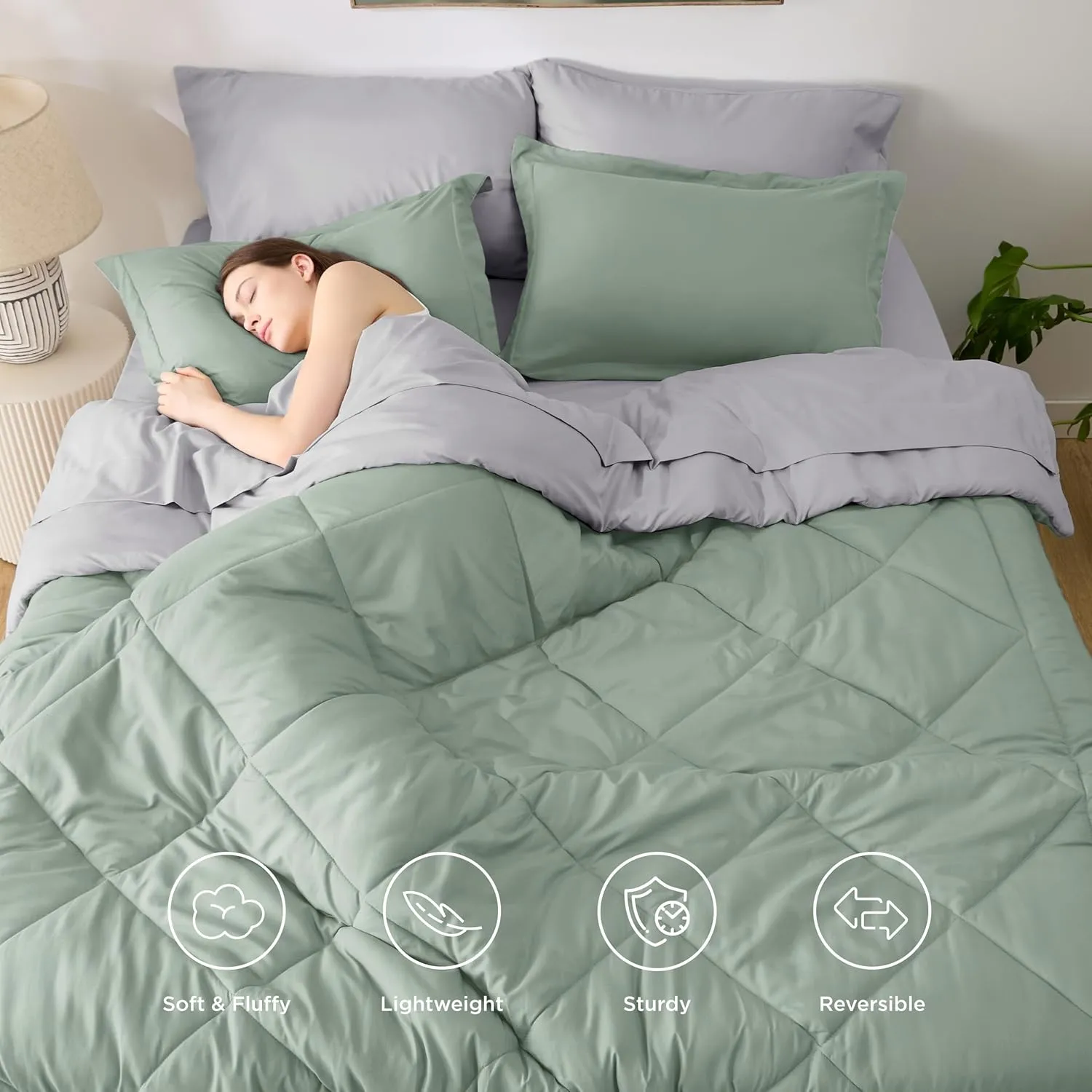 Bedsure King Size Comforter Set - 7 Pieces Reversible Sage Green Bedding, King Size Bed Set for All Seasons, Bed in a Bag with Down Alternative Comforter, Sheets, Pillowcases & Shams