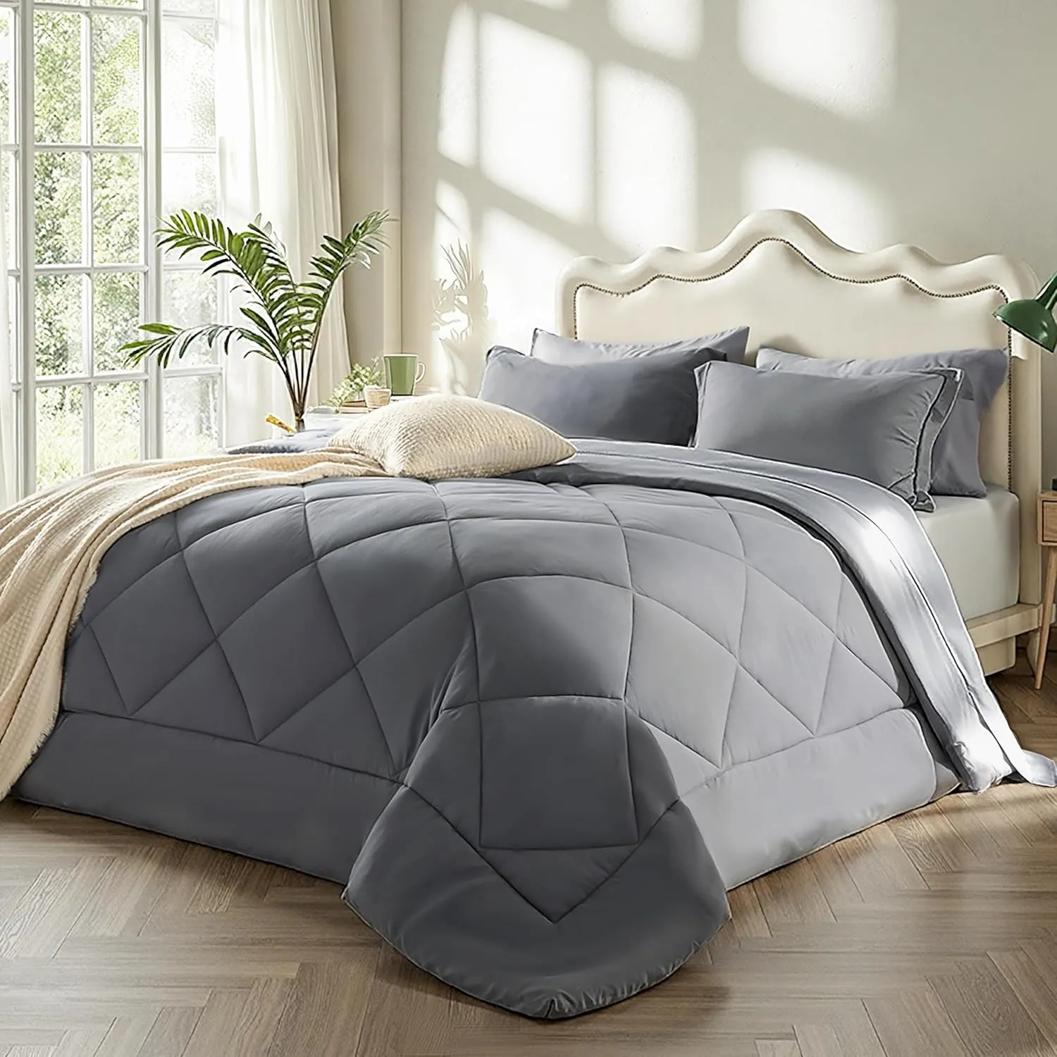 Bedsure Queen Comforter Set - 7 Pieces Reversible Grey Bedding, Queen Size Bed Set for All Seasons, Bed in a Bag with Down Alternative Comforter, Sheets, Pillowcases & Shams