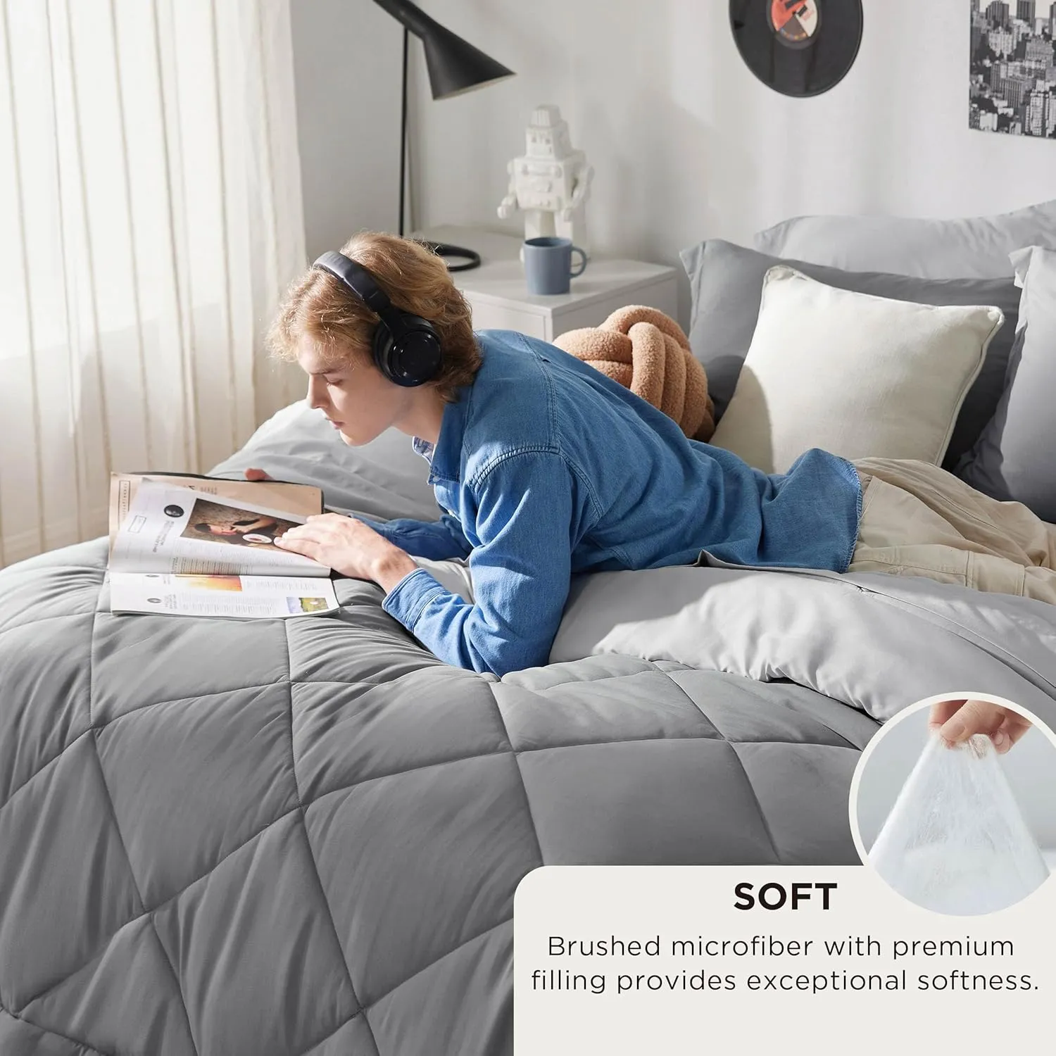 Bedsure Queen Comforter Set - 7 Pieces Reversible Grey Bedding, Queen Size Bed Set for All Seasons, Bed in a Bag with Down Alternative Comforter, Sheets, Pillowcases & Shams