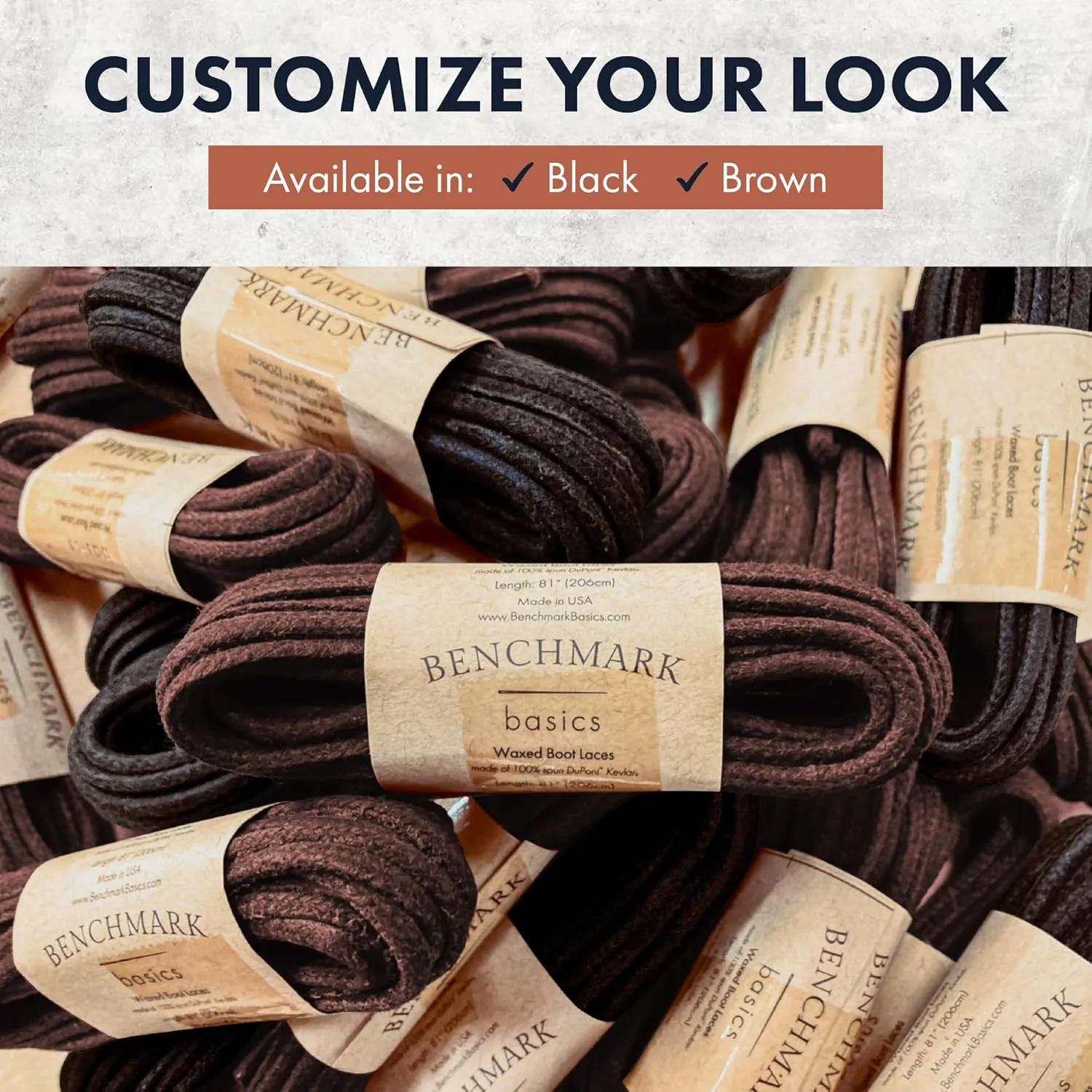 Benchmark Waxed 100% Kevlar Boot Laces - Made in USA - Heavy Duty Shoe Laces for Work or Hiking - 45", 54”, 63”, 72" or 81"