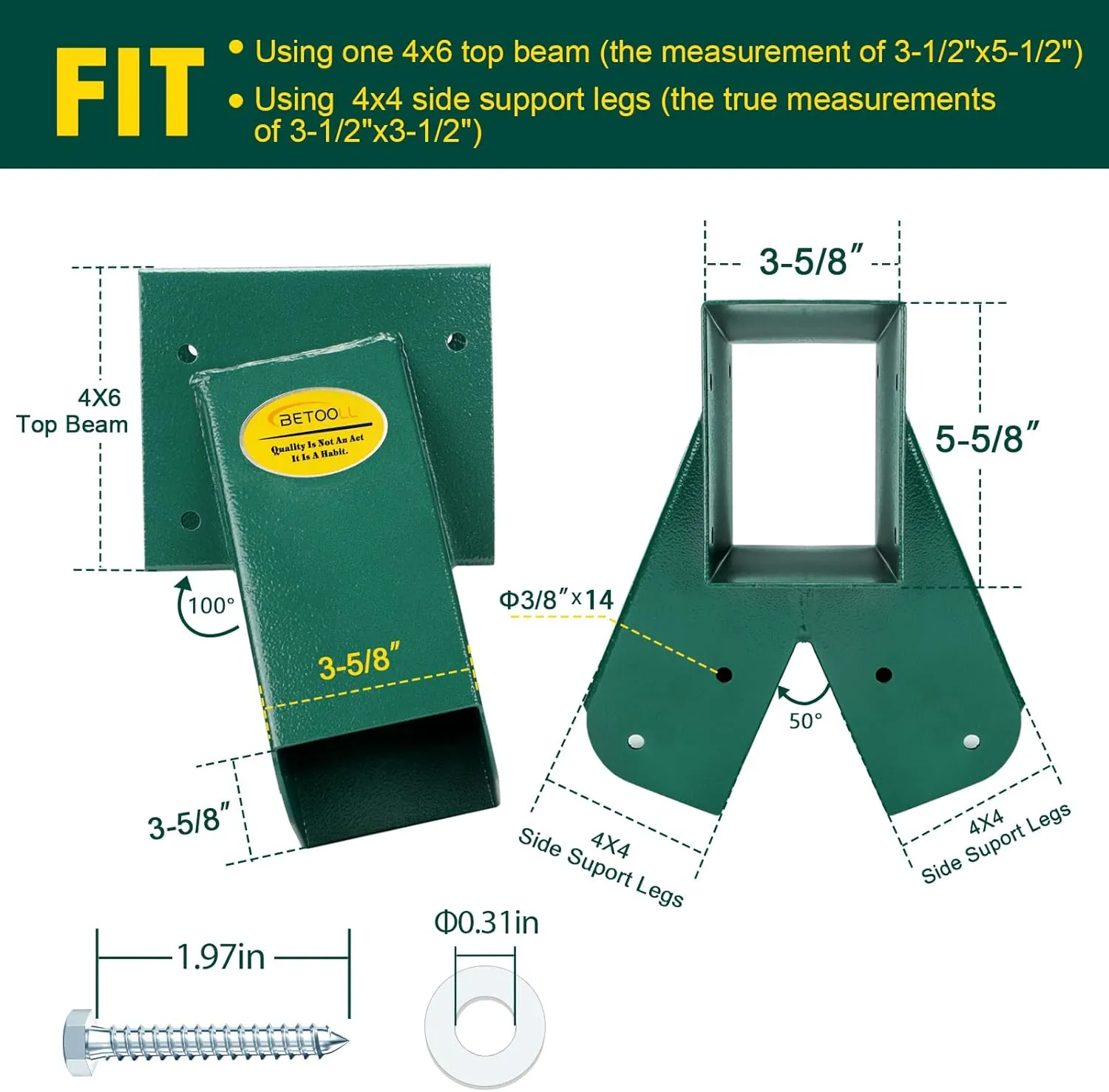 BETOOLL Swing Sets Brackets - 2 A-Frame Swing Set Brackets and 4 Swing Hangers with All Mounting Heavy Duty Hardware Included - Swing Set Kit for Porch, Yard, Playground - Green