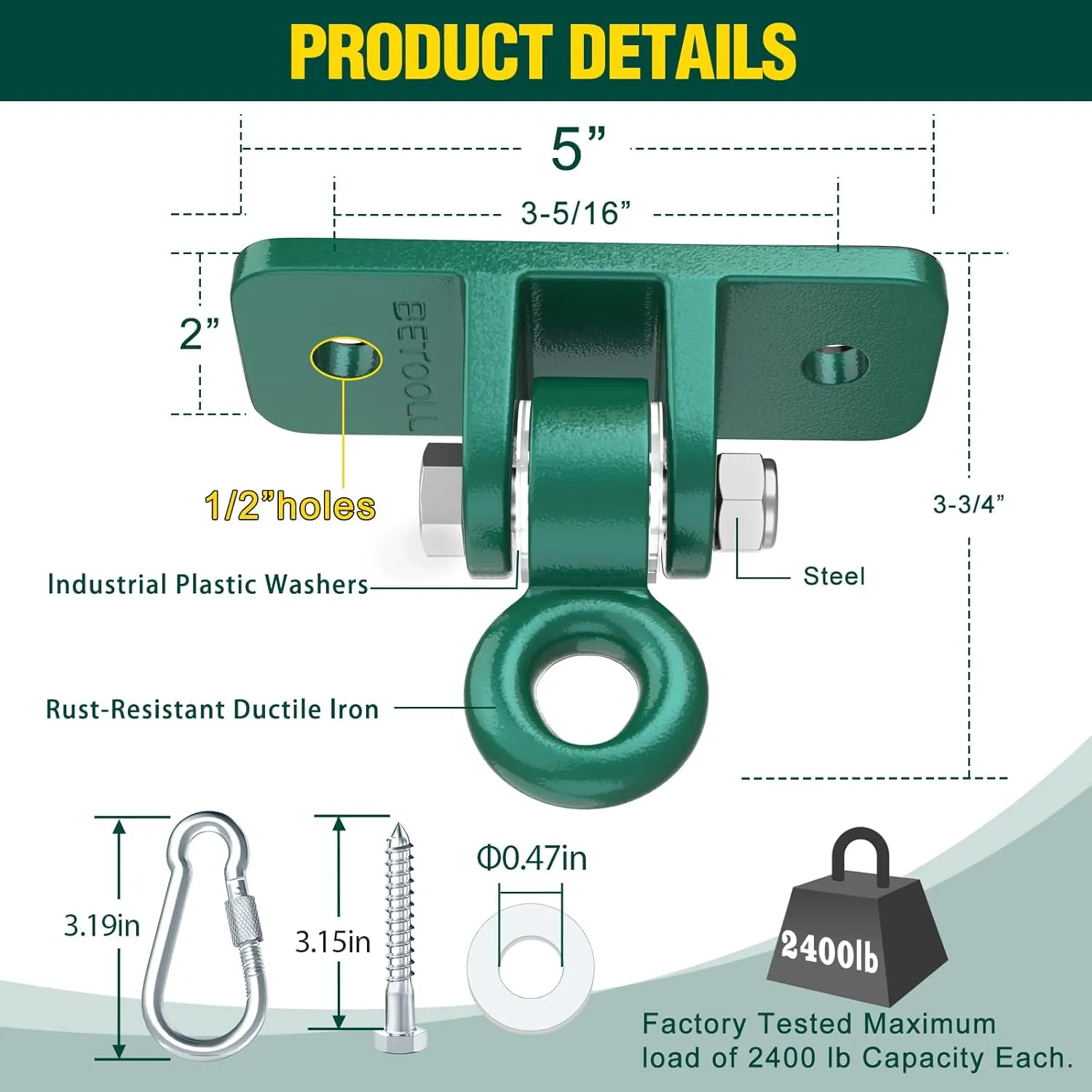 BETOOLL Swing Sets Brackets - 2 A-Frame Swing Set Brackets and 4 Swing Hangers with All Mounting Heavy Duty Hardware Included - Swing Set Kit for Porch, Yard, Playground - Green