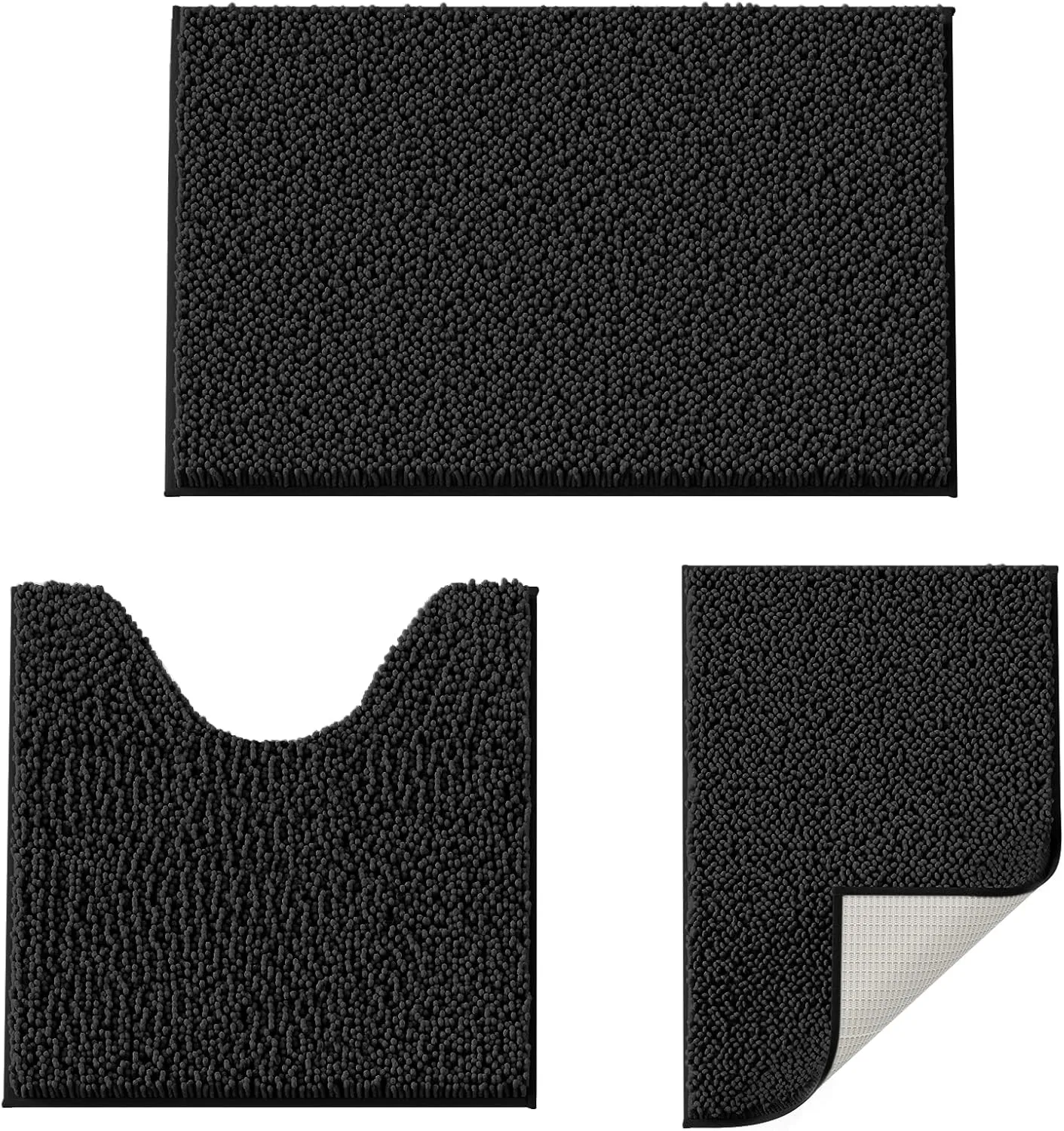 Black Bathroom Rugs Non-Slip Door Mat, Chenille Bathroom Mats, Bath Rugs Set 3 Pieces, Ultra Soft Bathroom Rug Set, and Absorbent Bath Mat, Plush Bathroom Carpet Bath Mat for Bathroom, Tub, Shower