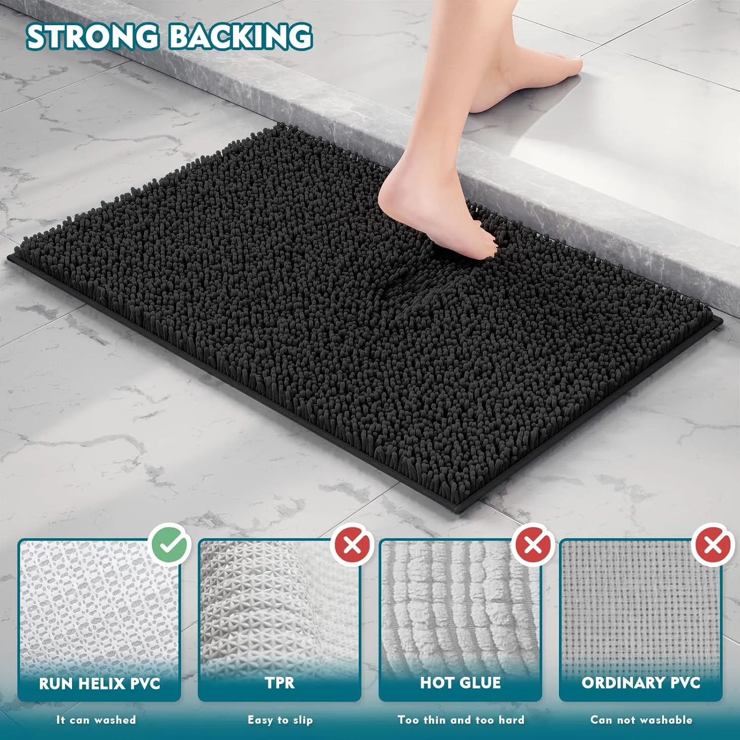 Black Bathroom Rugs Non-Slip Door Mat, Chenille Bathroom Mats, Bath Rugs Set 3 Pieces, Ultra Soft Bathroom Rug Set, and Absorbent Bath Mat, Plush Bathroom Carpet Bath Mat for Bathroom, Tub, Shower
