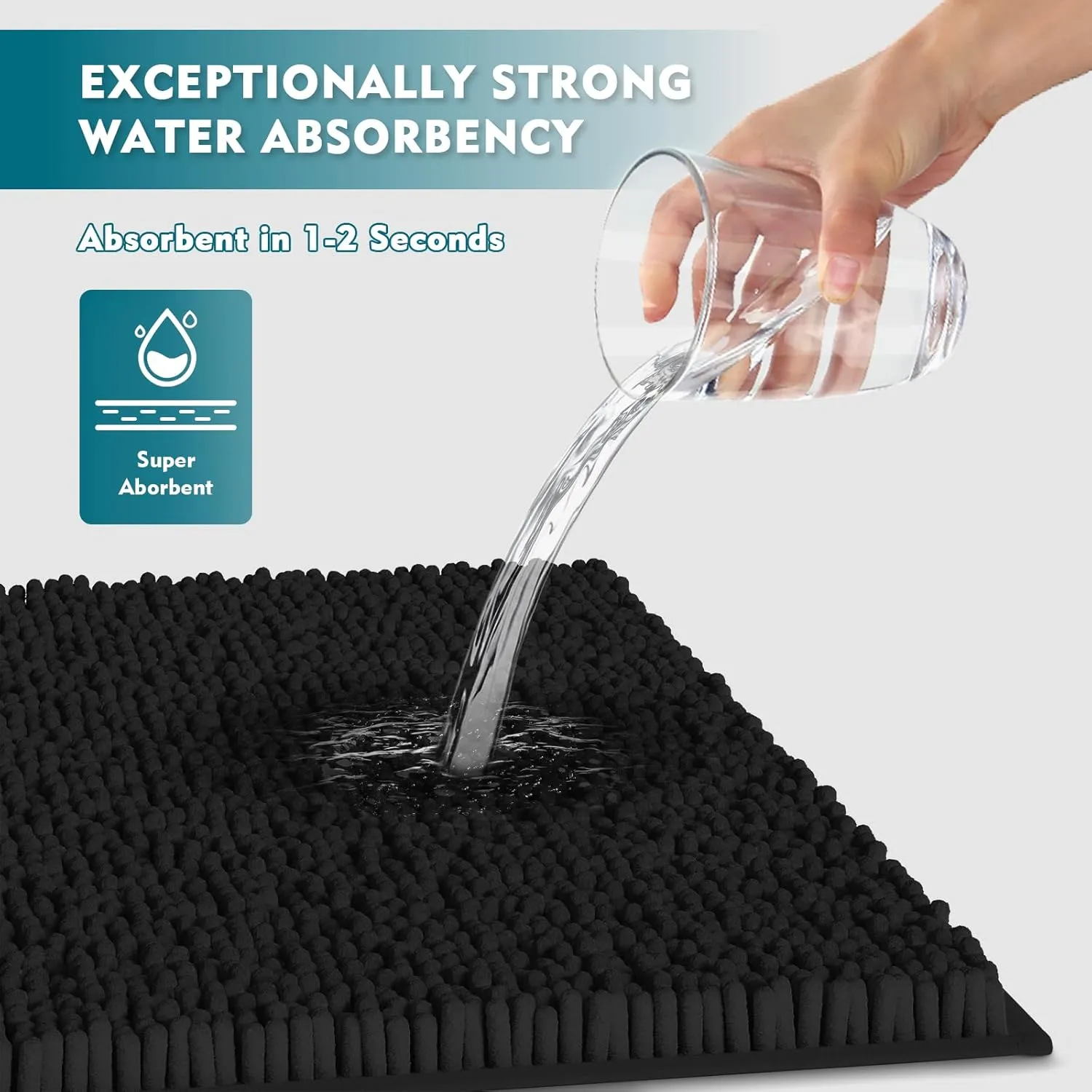 Black Bathroom Rugs Non-Slip Door Mat, Chenille Bathroom Mats, Bath Rugs Set 3 Pieces, Ultra Soft Bathroom Rug Set, and Absorbent Bath Mat, Plush Bathroom Carpet Bath Mat for Bathroom, Tub, Shower
