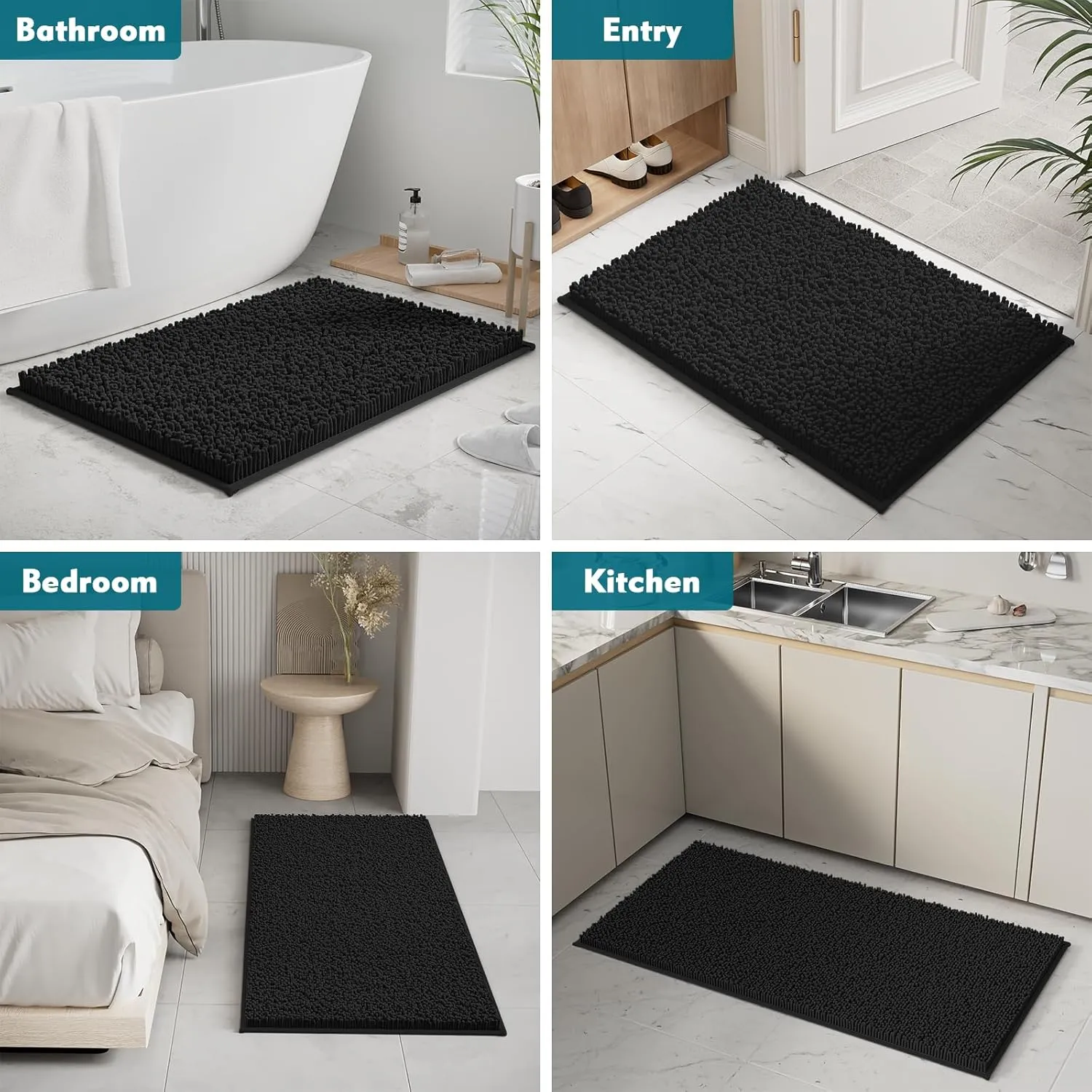 Black Bathroom Rugs Non-Slip Door Mat, Chenille Bathroom Mats, Bath Rugs Set 3 Pieces, Ultra Soft Bathroom Rug Set, and Absorbent Bath Mat, Plush Bathroom Carpet Bath Mat for Bathroom, Tub, Shower