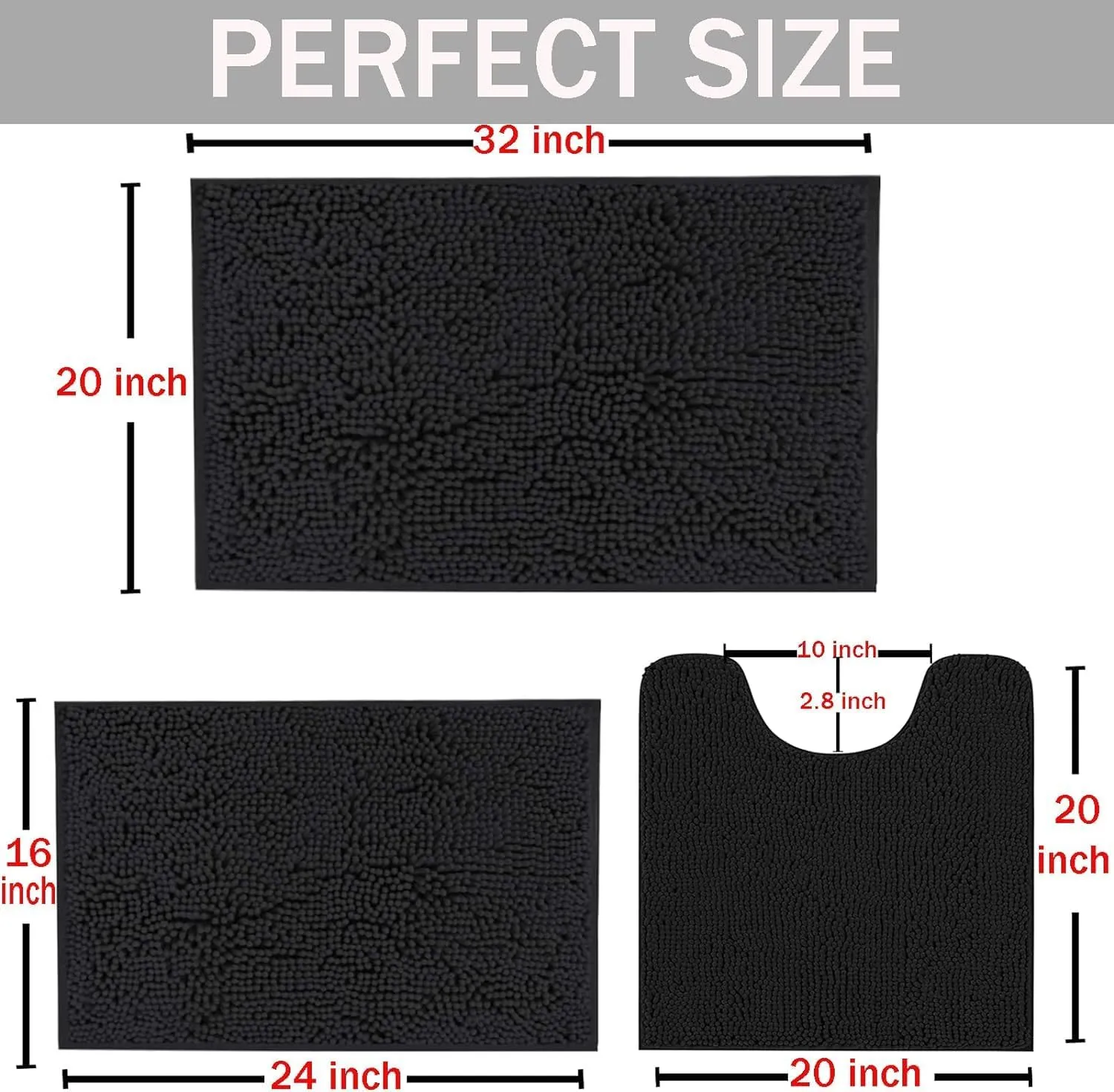 Black Bathroom Rugs Non-Slip Door Mat, Chenille Bathroom Mats, Bath Rugs Set 3 Pieces, Ultra Soft Bathroom Rug Set, and Absorbent Bath Mat, Plush Bathroom Carpet Bath Mat for Bathroom, Tub, Shower