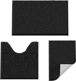 Black Bathroom Rugs Non-Slip Door Mat, Chenille Bathroom Mats, Bath Rugs Set 3 Pieces, Ultra Soft Bathroom Rug Set, and Absorbent Bath Mat, Plush Bathroom Carpet Bath Mat for Bathroom, Tub, Shower