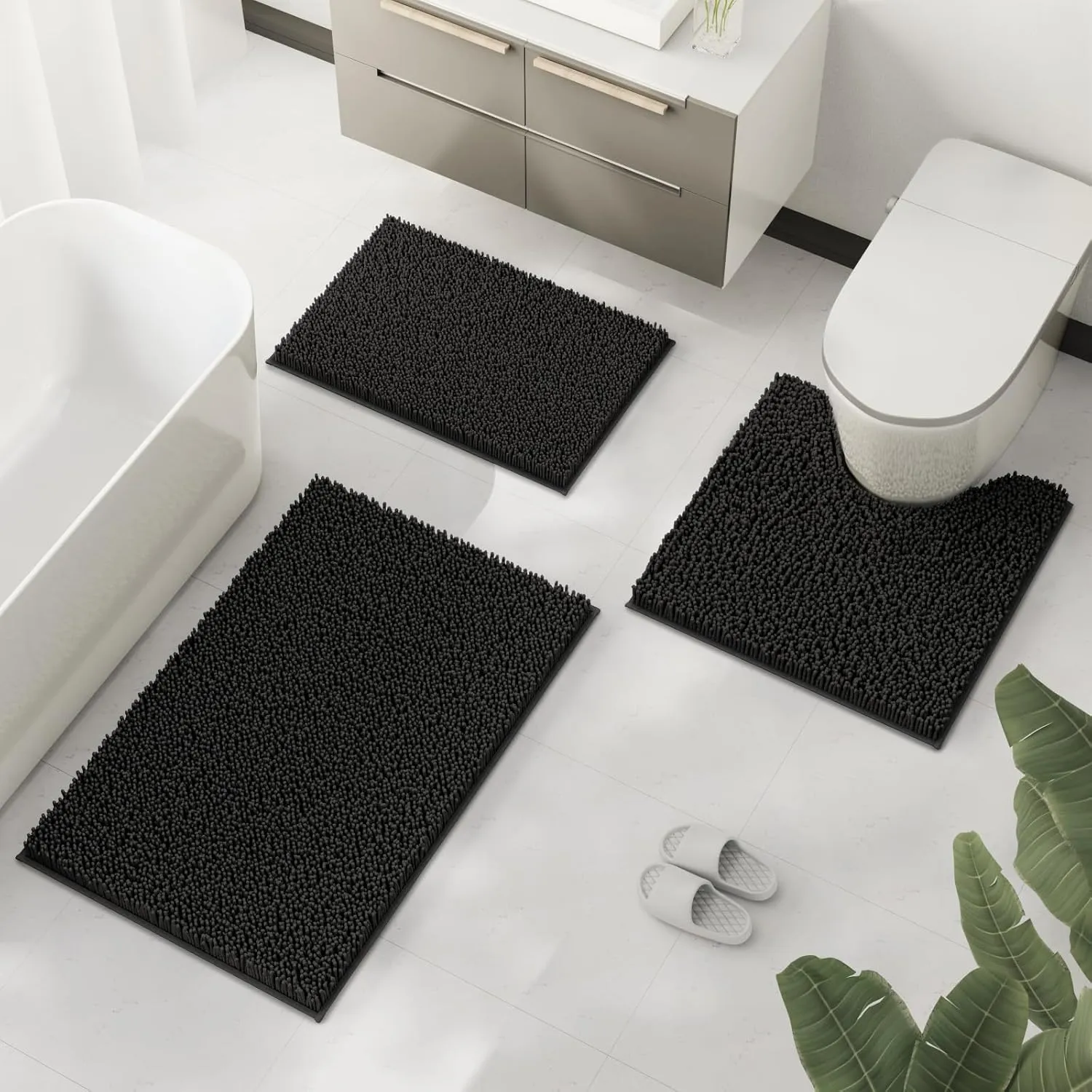 Black Bathroom Rugs Non-Slip Door Mat, Chenille Bathroom Mats, Bath Rugs Set 3 Pieces, Ultra Soft Bathroom Rug Set, and Absorbent Bath Mat, Plush Bathroom Carpet Bath Mat for Bathroom, Tub, Shower
