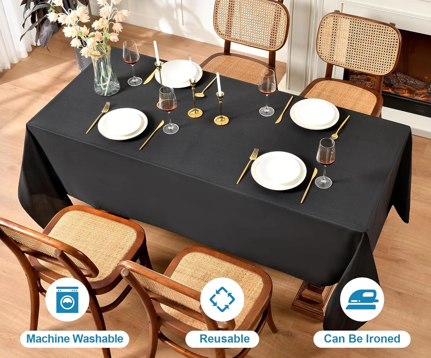 Black Tablecloths,6 Pack 90 * 132inch Stain and Wrinkle Resistant Polyester Black Rectangle Tablecloth,Decorative Fabric Table Cover for Party,Wedding,Kitchen,Dinning