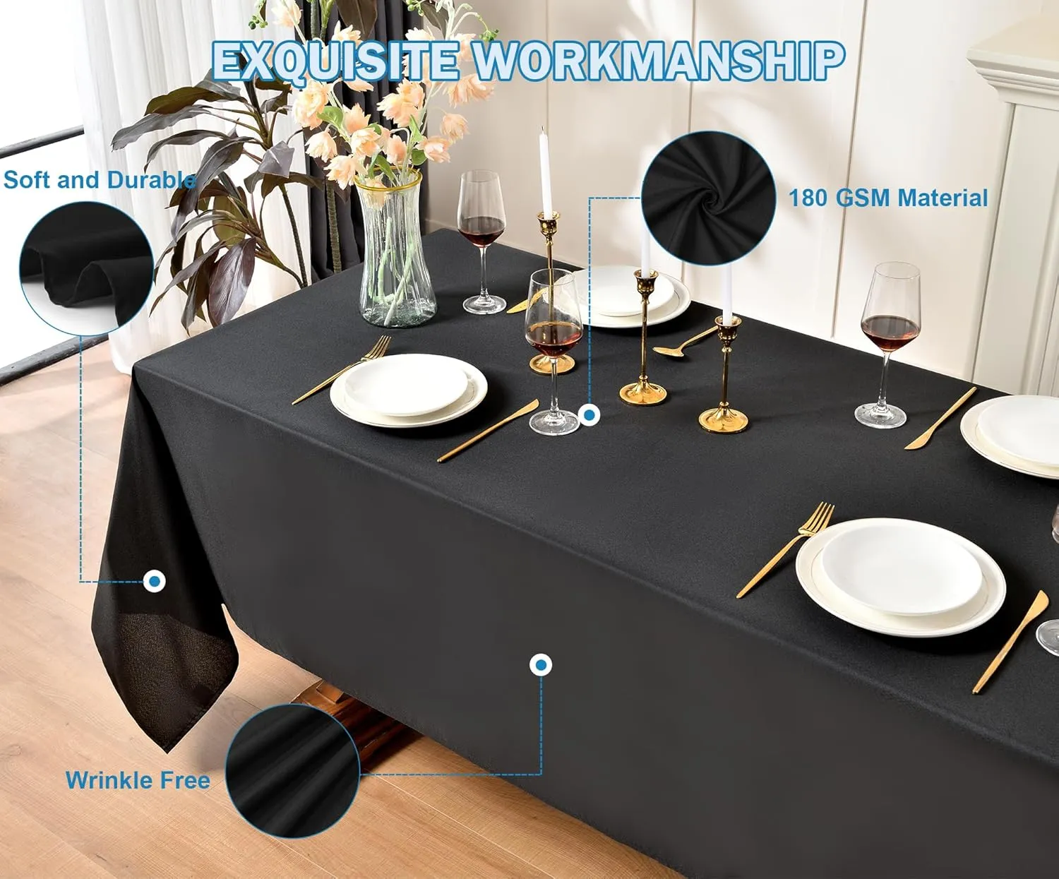 Black Tablecloths,6 Pack 90 * 132inch Stain and Wrinkle Resistant Polyester Black Rectangle Tablecloth,Decorative Fabric Table Cover for Party,Wedding,Kitchen,Dinning