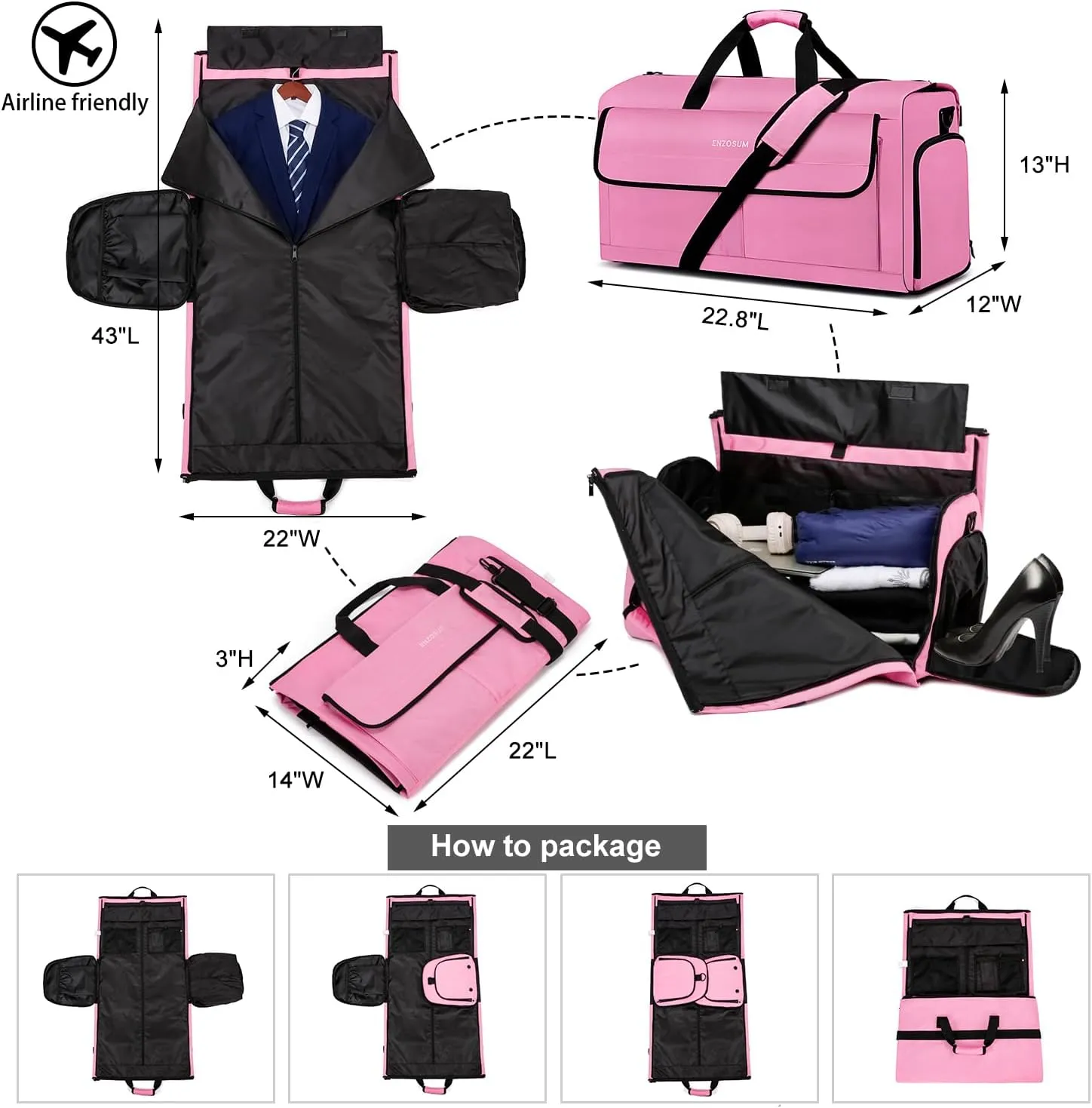 Carry On Garment Bag for Women, Durable Garment Duffle Bag for Travel with Shoes Compartment, Convertible & Foldable 2 in 1 Hanging Dress Weekender Suitcase Suit Travel Bag, Gifts for Women, Pink