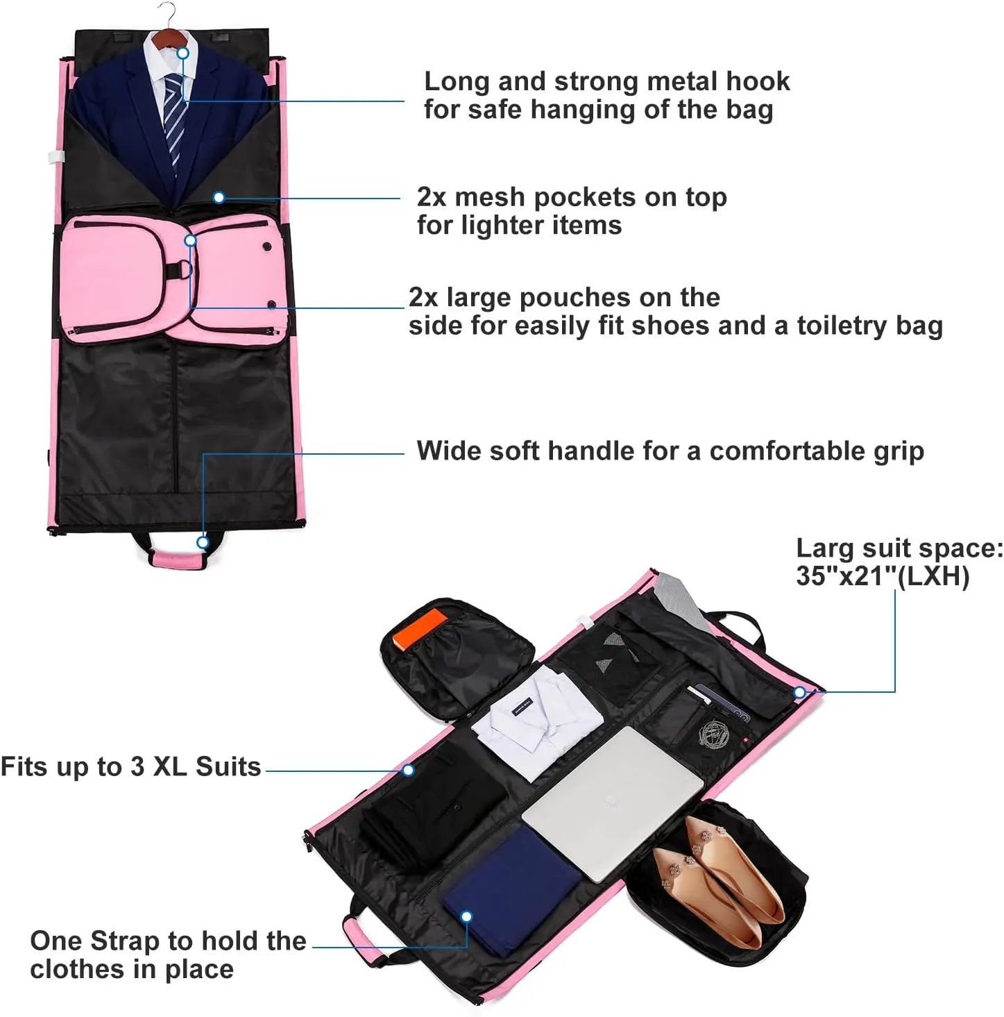 Carry On Garment Bag for Women, Durable Garment Duffle Bag for Travel with Shoes Compartment, Convertible & Foldable 2 in 1 Hanging Dress Weekender Suitcase Suit Travel Bag, Gifts for Women, Pink