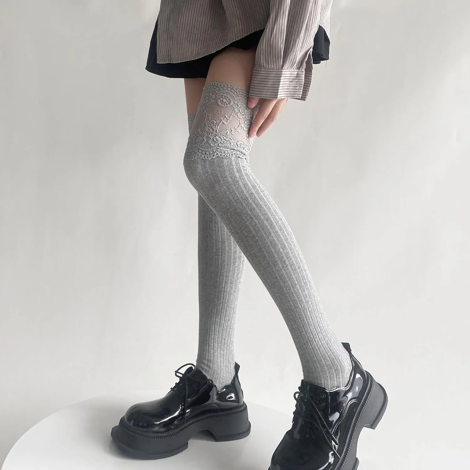 CAT KO Women Soft Knee High Socks Solid color Lace Striped Over the Knee Socks Cotton Stocking for Women
