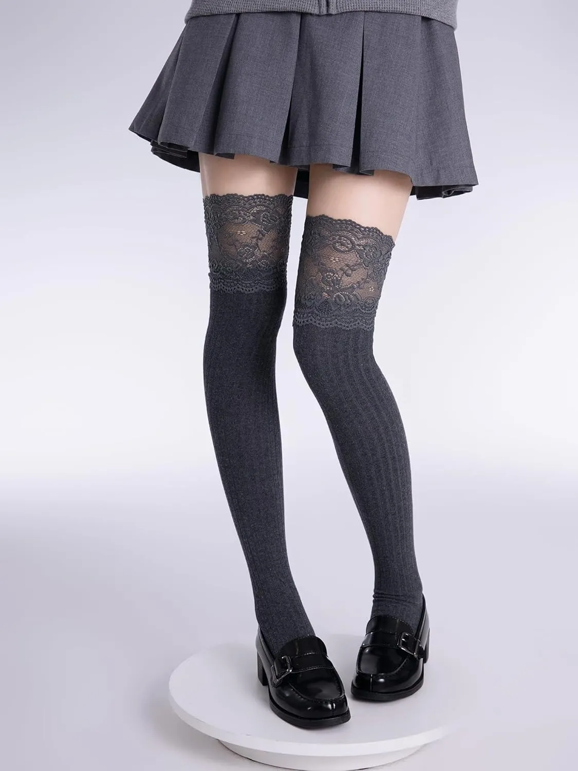 CAT KO Women Soft Knee High Socks Solid color Lace Striped Over the Knee Socks Cotton Stocking for Women