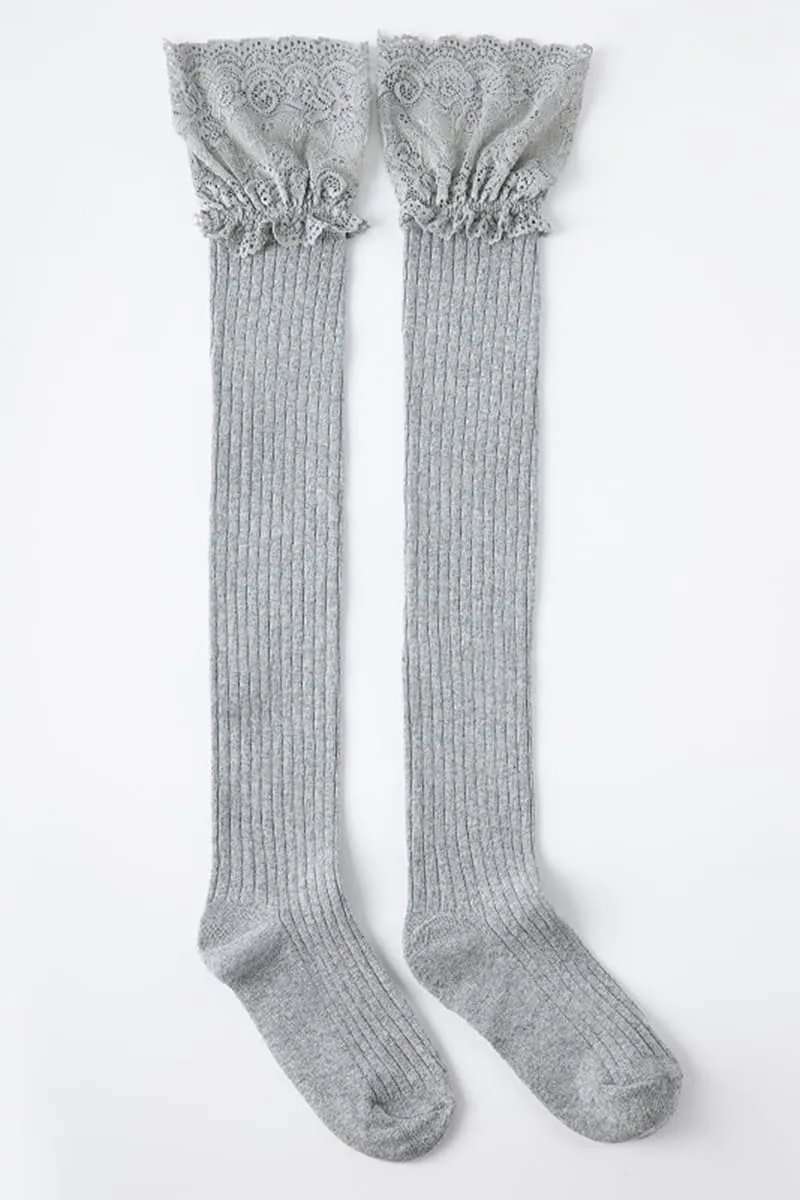 CAT KO Women Soft Knee High Socks Solid color Lace Striped Over the Knee Socks Cotton Stocking for Women
