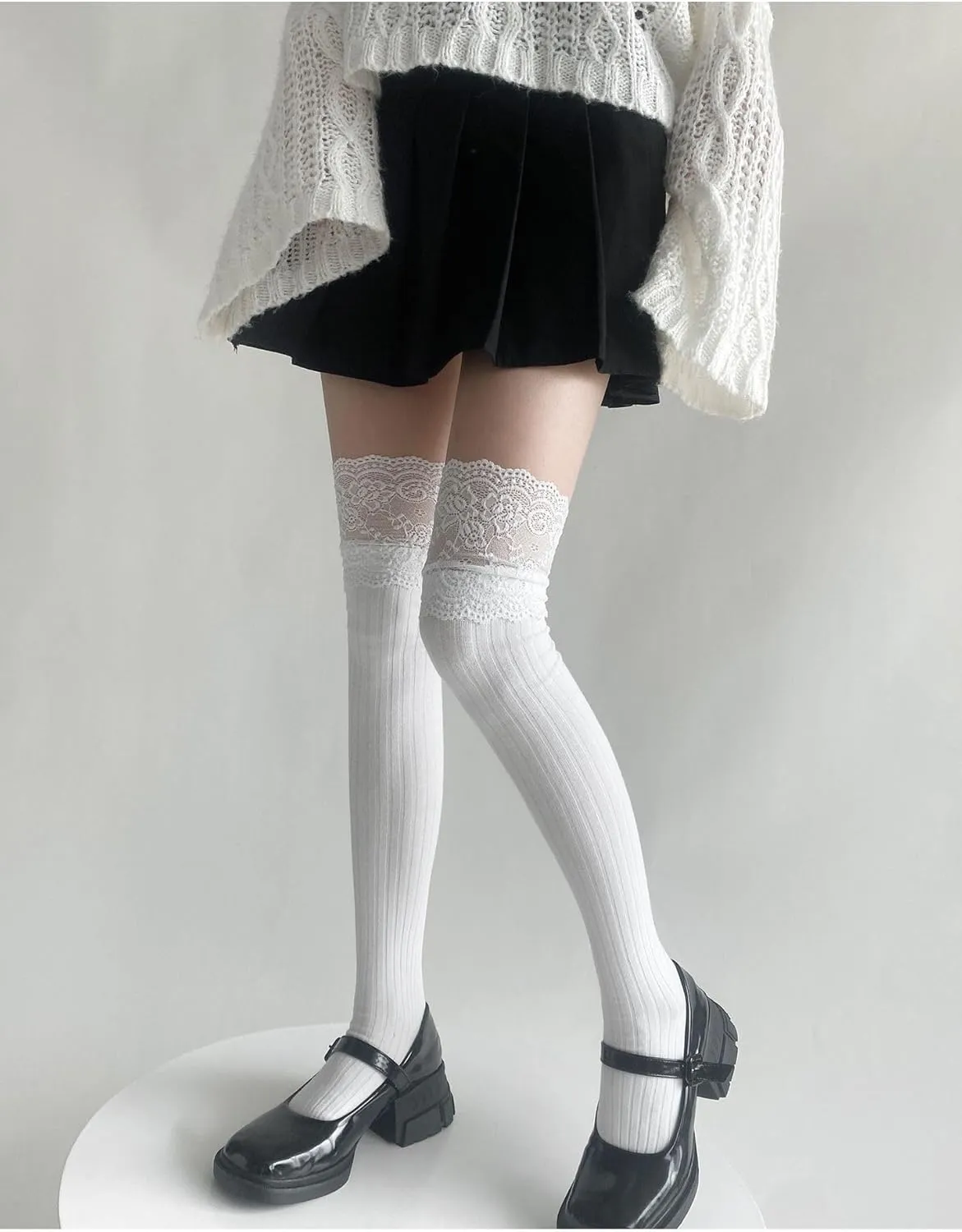 CAT KO Women Soft Knee High Socks Solid color Lace Striped Over the Knee Socks Cotton Stocking for Women