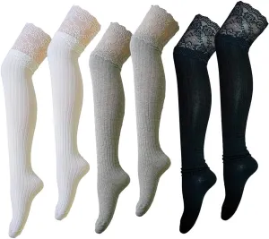 CAT KO Women Soft Knee High Socks Solid color Lace Striped Over the Knee Socks Cotton Stocking for Women