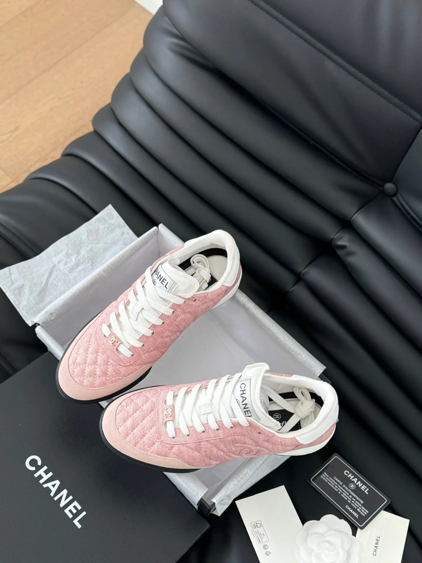 CHANEL LIGHT Hassle-free returns IN WHITE Cloud-based MIX LAMBSKIN PINK SNEAKER EMBROIDERED