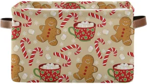 Christmas Gingerbread Man Storage Basket Fabric Kitchen Baskets Xmas Candy Cane Winter Snowflake Open Home Storage Bins Boxes Foldable Organizer Bag for Gift Book Shelf Closet Baskets 16×12×8 Inches
