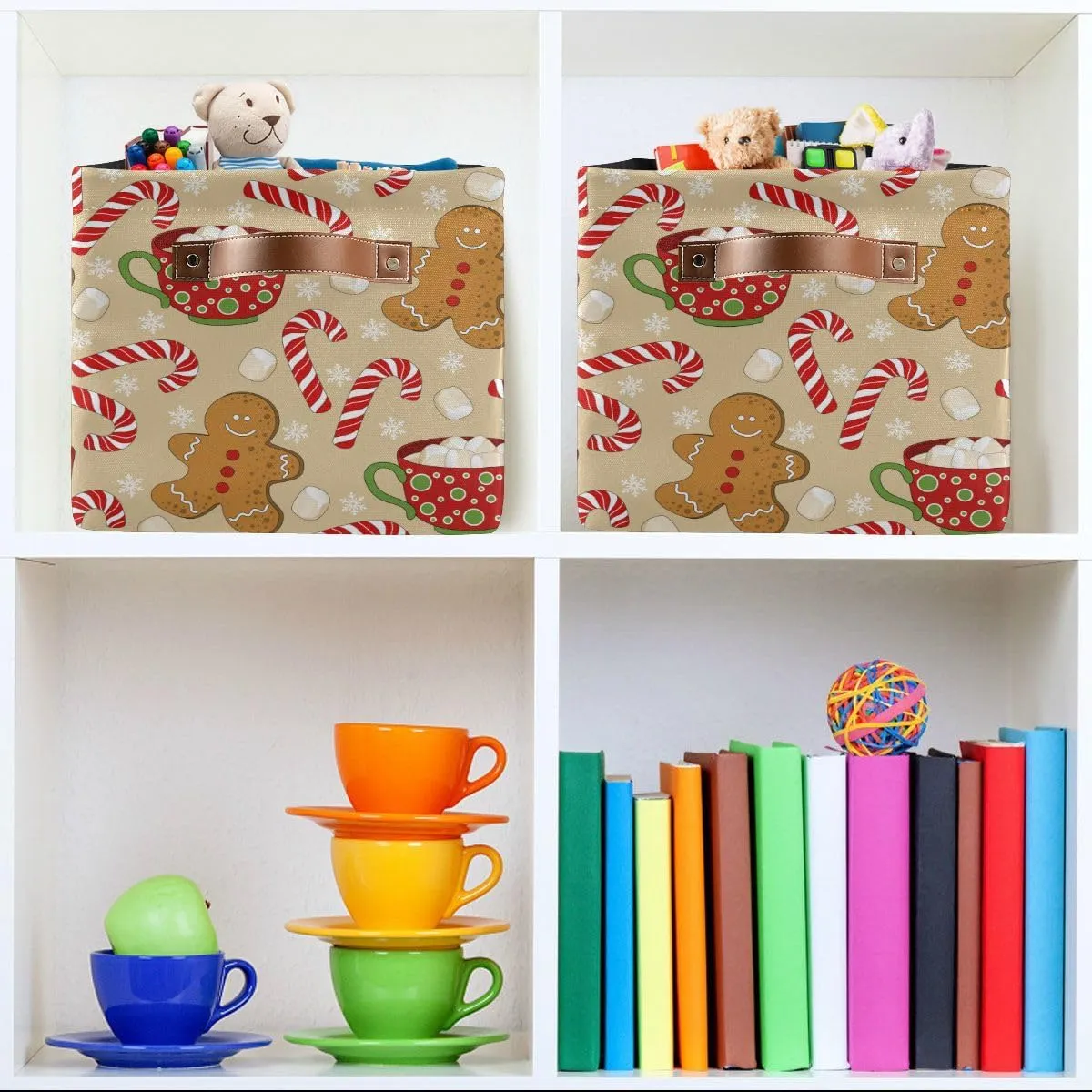 Christmas Gingerbread Man Storage Basket Fabric Kitchen Baskets Xmas Candy Cane Winter Snowflake Open Home Storage Bins Boxes Foldable Organizer Bag for Gift Book Shelf Closet Baskets 16×12×8 Inches