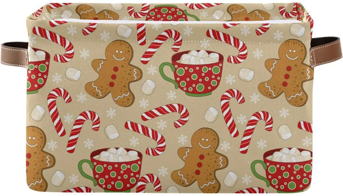 Christmas Gingerbread Man Storage Basket Fabric Kitchen Baskets Xmas Candy Cane Winter Snowflake Open Home Storage Bins Boxes Foldable Organizer Bag for Gift Book Shelf Closet Baskets 16×12×8 Inches