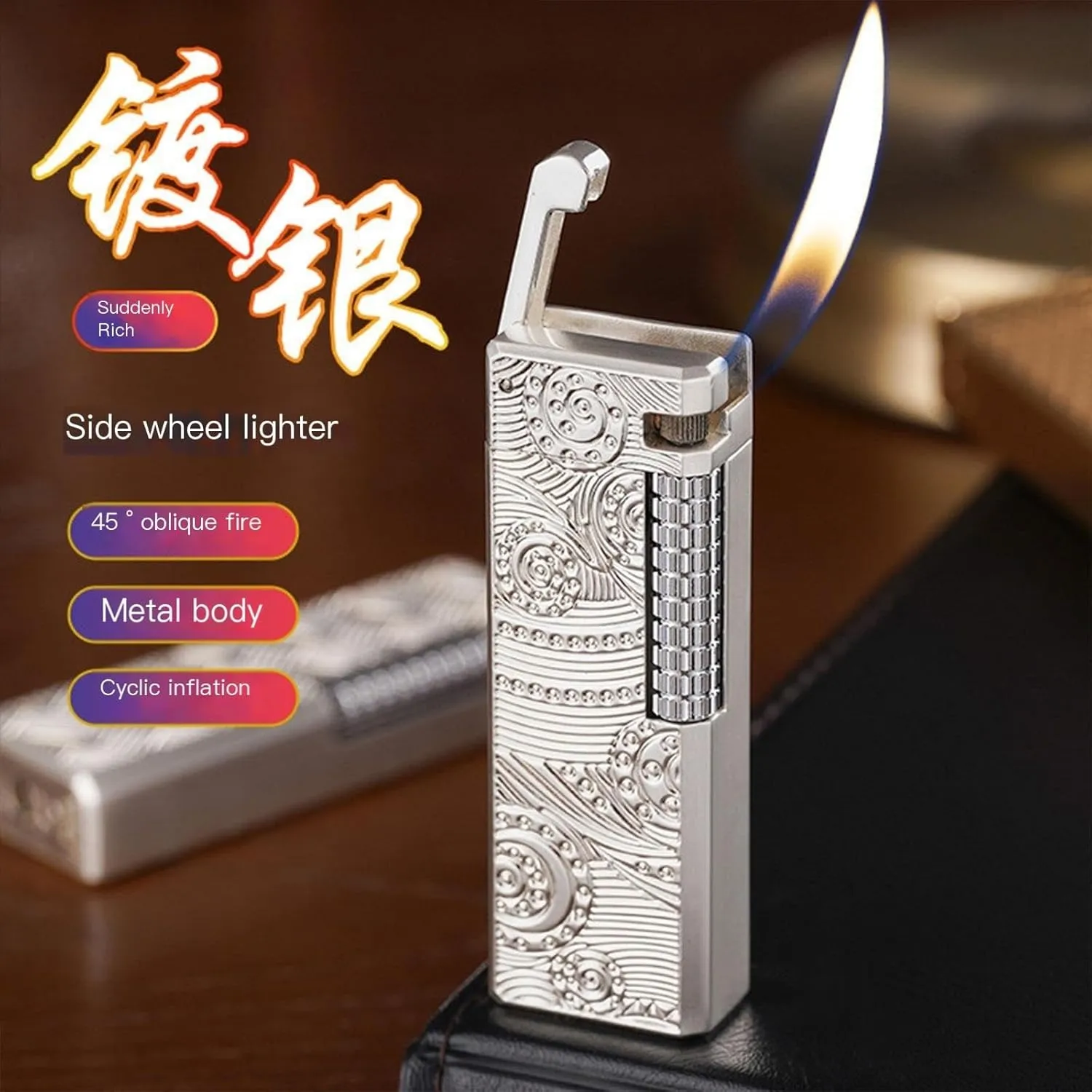 Classic Soft Flame Flint Wheel Butane Gas Refillable Lighter ，Flip Lid Inflatable Lighters，Metal Side Slip Wheel Vertical Ignition,with Gift Box (No Gas)(Silver 2)