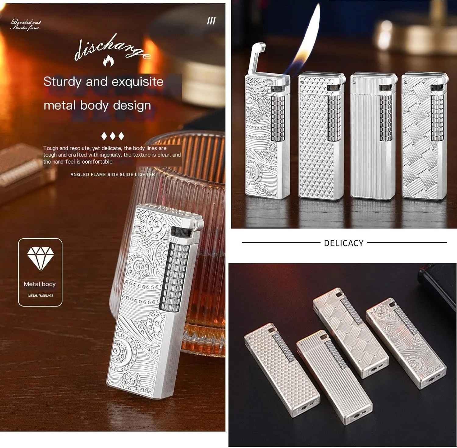 Classic Soft Flame Flint Wheel Butane Gas Refillable Lighter ，Flip Lid Inflatable Lighters，Metal Side Slip Wheel Vertical Ignition,with Gift Box (No Gas)(Silver 2)