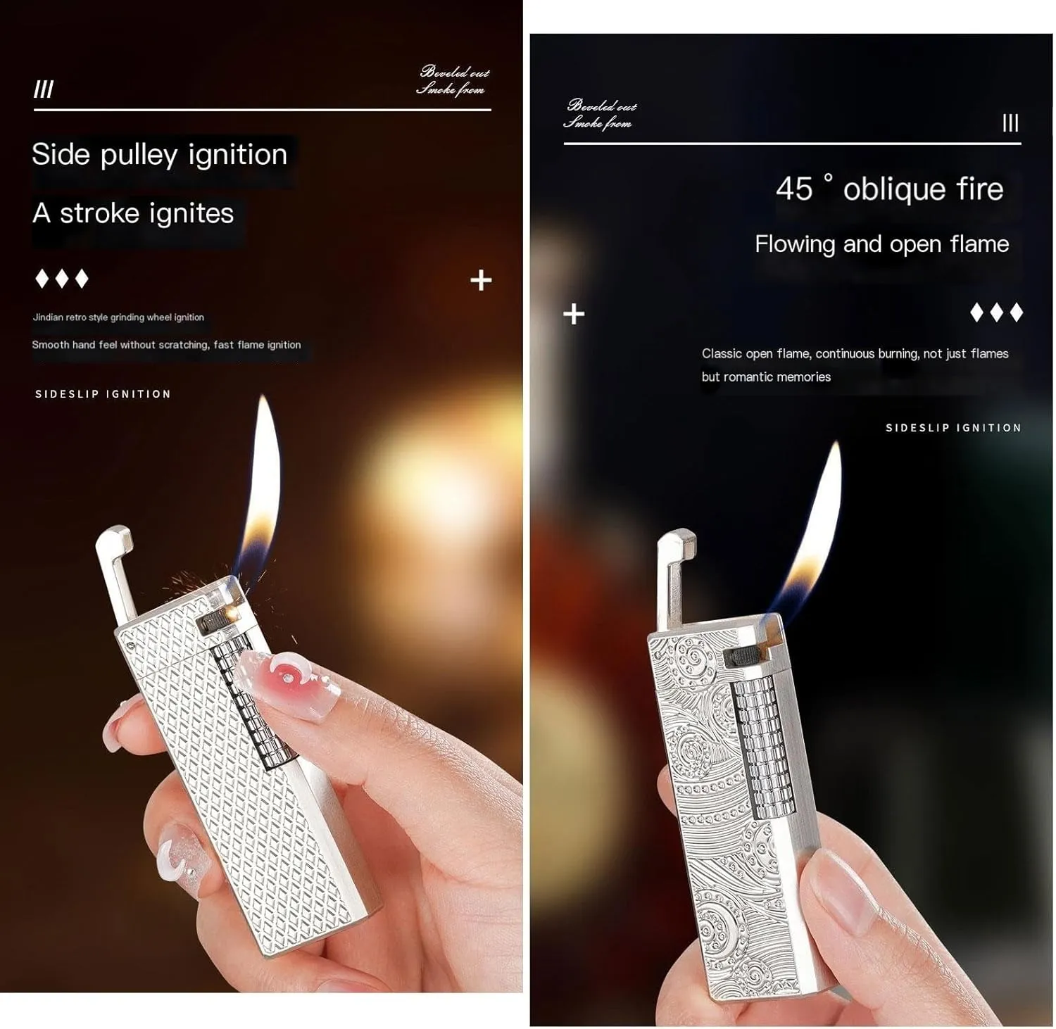 Classic Soft Flame Flint Wheel Butane Gas Refillable Lighter ，Flip Lid Inflatable Lighters，Metal Side Slip Wheel Vertical Ignition,with Gift Box (No Gas)(Silver 2)