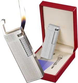Classic Soft Flame Flint Wheel Butane Gas Refillable Lighter ，Flip Lid Inflatable Lighters，Metal Side Slip Wheel Vertical Ignition,with Gift Box (No Gas)(Silver 2)